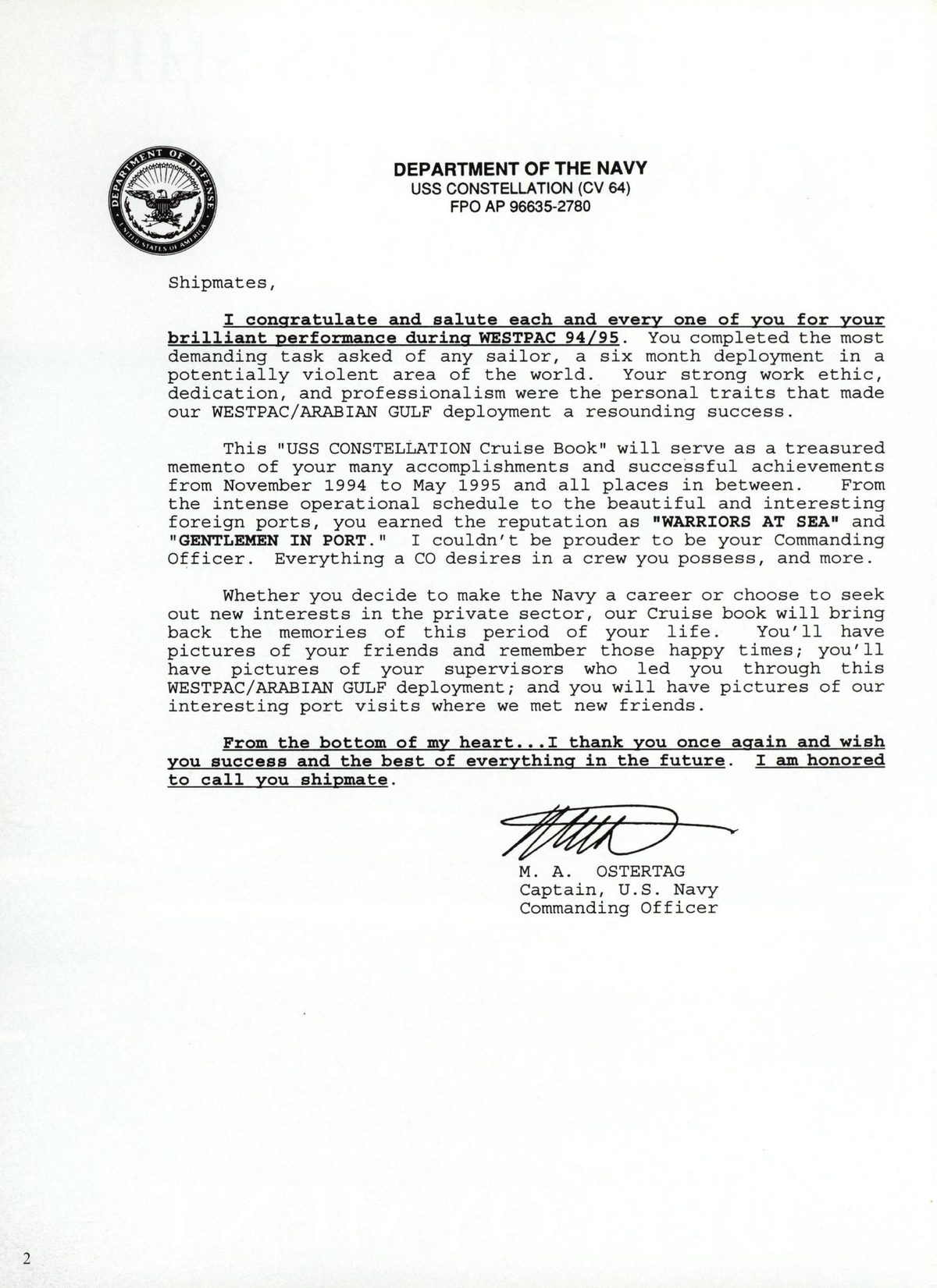 USS Constellation 1994–95 cruise book, page 5 (Cover & Opening) — DEPARTMENT OF THE NAVY USS CONSTELLATION (CV 64) FPO AP 96635-2780 Shipmates, I_ congratulate…