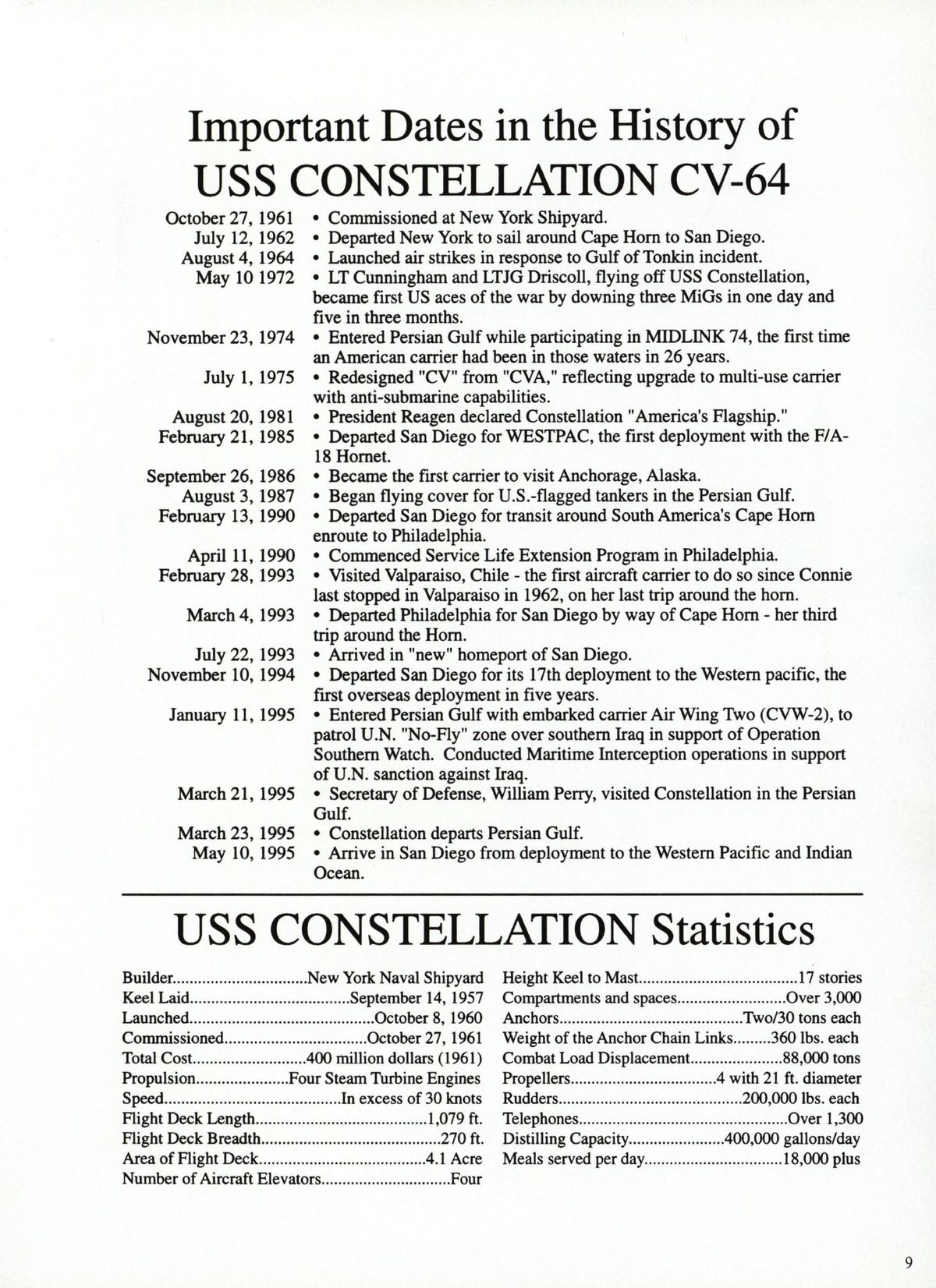 USS Constellation 1994–95 cruise book, page 11 (Command & Leadership) — Important Dates in the History of USS CONSTELLATION CV-64 October 27, 1961 * Commissioned at…