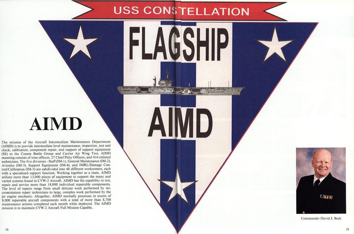 USS Constellation 1994–95 cruise book, page 29 (Ship's Company) — AIMD The mission of the Aircraft Intermediate Maintenance Department (AIMD) is to provide…