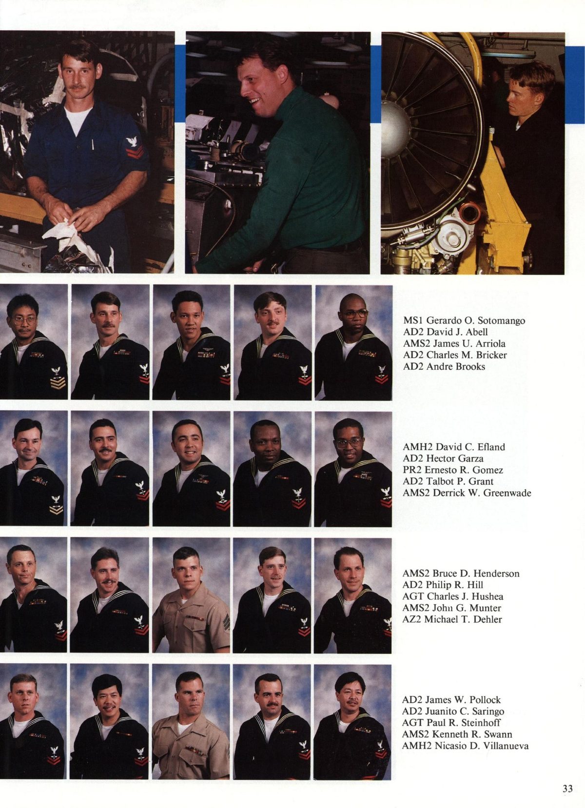 USS Constellation 1994–95 cruise book, page 33 (Ship's Company) — MSI Gerardo O. Sotomango AD2 David J. Abell AMS2 James U. Arriola AD2 Charles M. Bri AD2 Andre…