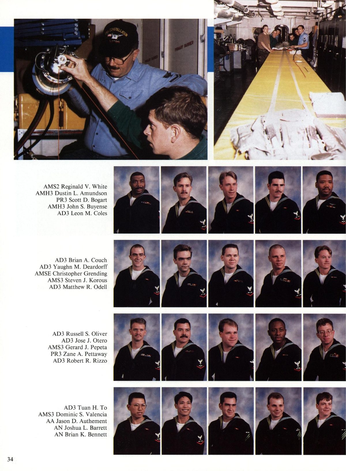 USS Constellation 1994–95 cruise book, page 34 (Ship's Company) — AMS? Reginald V. White AMH3 Dustin L. Amundson PR3 Scott D. Bogart Leon M. Coles AD3 Brian A…