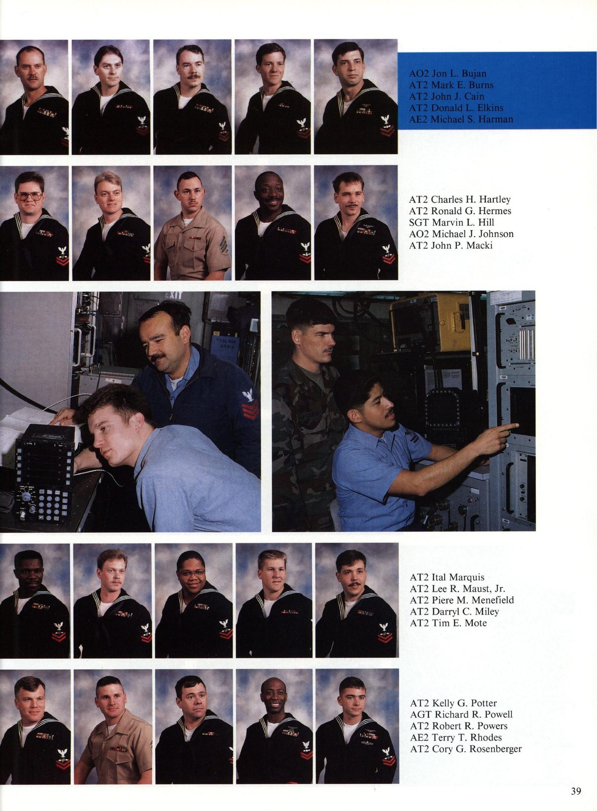 USS Constellation 1994–95 cruise book, page 39 (Ship's Company) — AT2 Charles H. Hartley AT2 Ronald G. Hermes SGT Marvin L. Hill AO2 Michael AT2 John P. AT2…