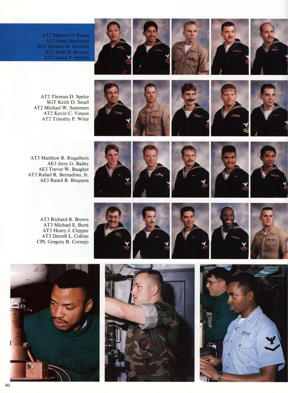USS Constellation 1994–95 cruise book, page 40 (Ship's Company) — AT2 Thomas D. Spelce SGT Keith D. Small ichael AT2 Kevin C. 2 Timothy P. Witte AT3 Matthew R…