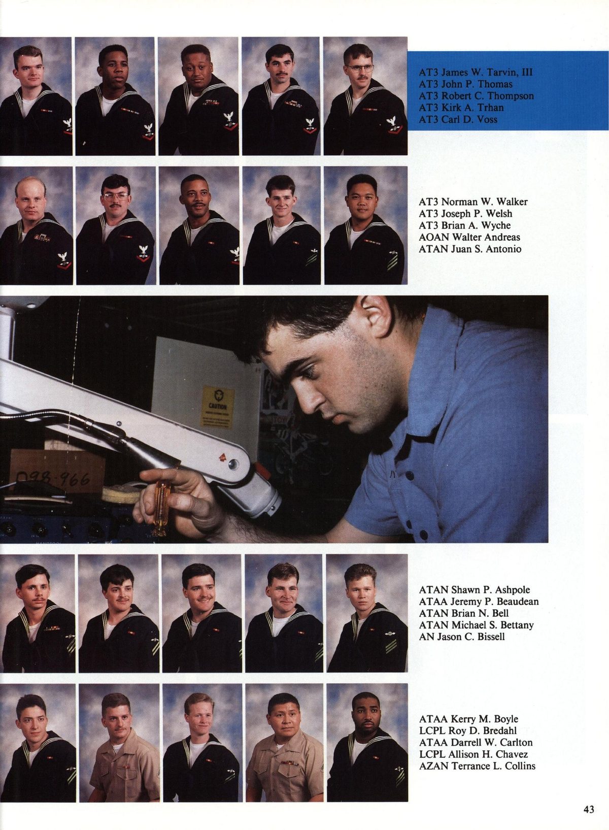 USS Constellation 1994–95 cruise book, page 43 (Ship's Company) — AT3 Norman W. Walker AT3 Joseph P. Welsh AT3 Brian A. Wyche AOAN Walter Andreas ATAN Juan S…