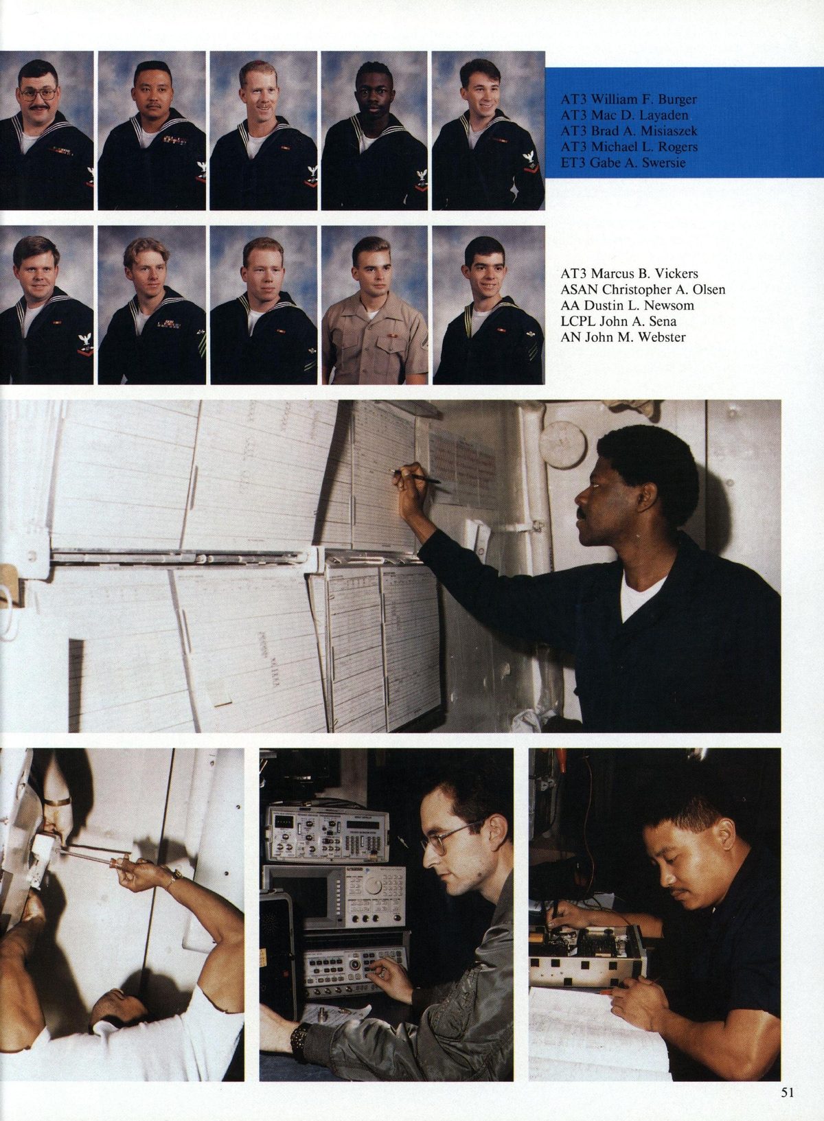 USS Constellation 1994–95 cruise book, page 50 (Ship's Company) — AT3 Marcus B. Vickers ASAN Christopher A. Olsen AA Dustin L. Newsom LCPL John A. Sena AN John…