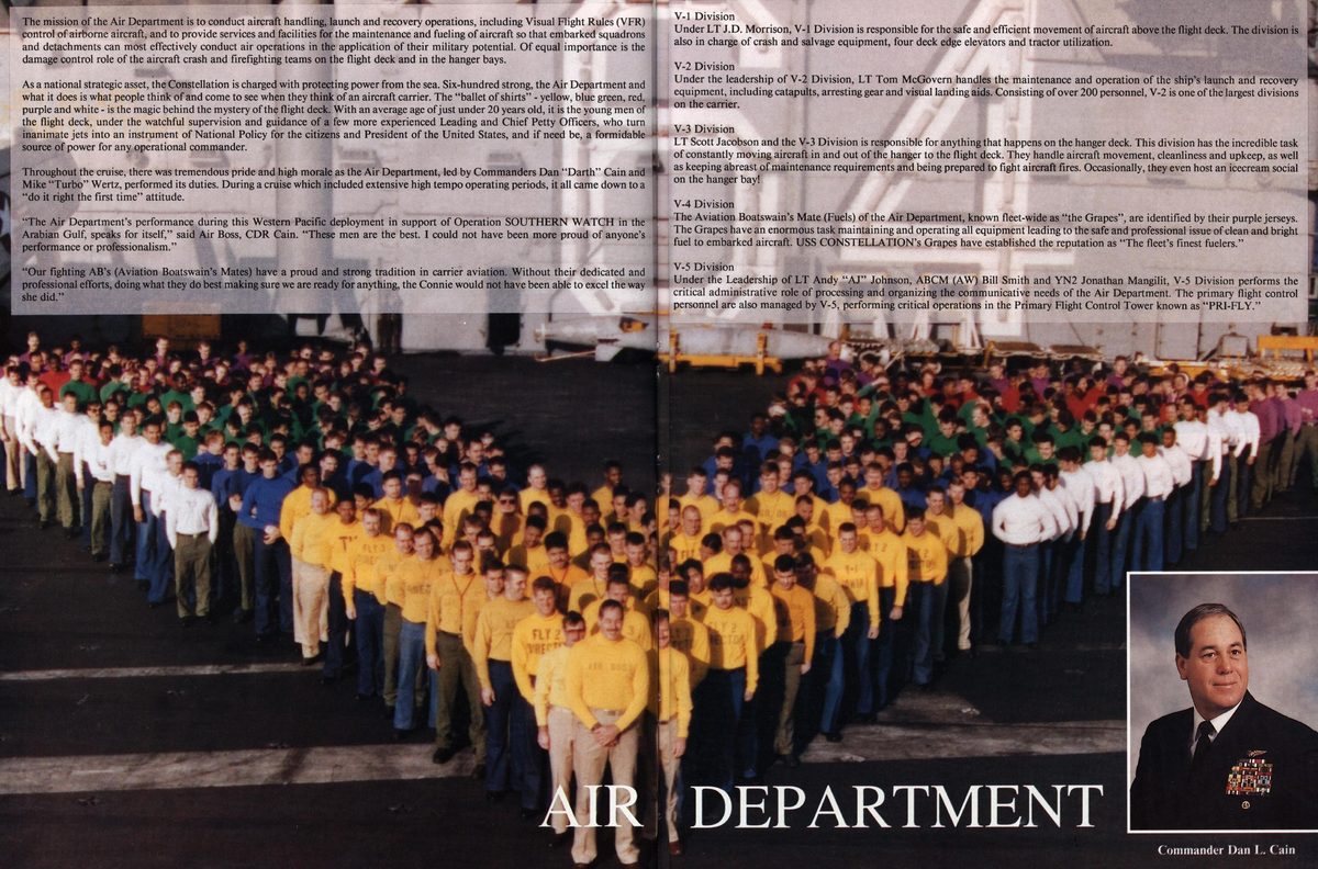 USS Constellation 1994–95 cruise book, page 51 (Ship's Company) — The mission of the Air Department is to conduct aircraft handling, launch and recovery…