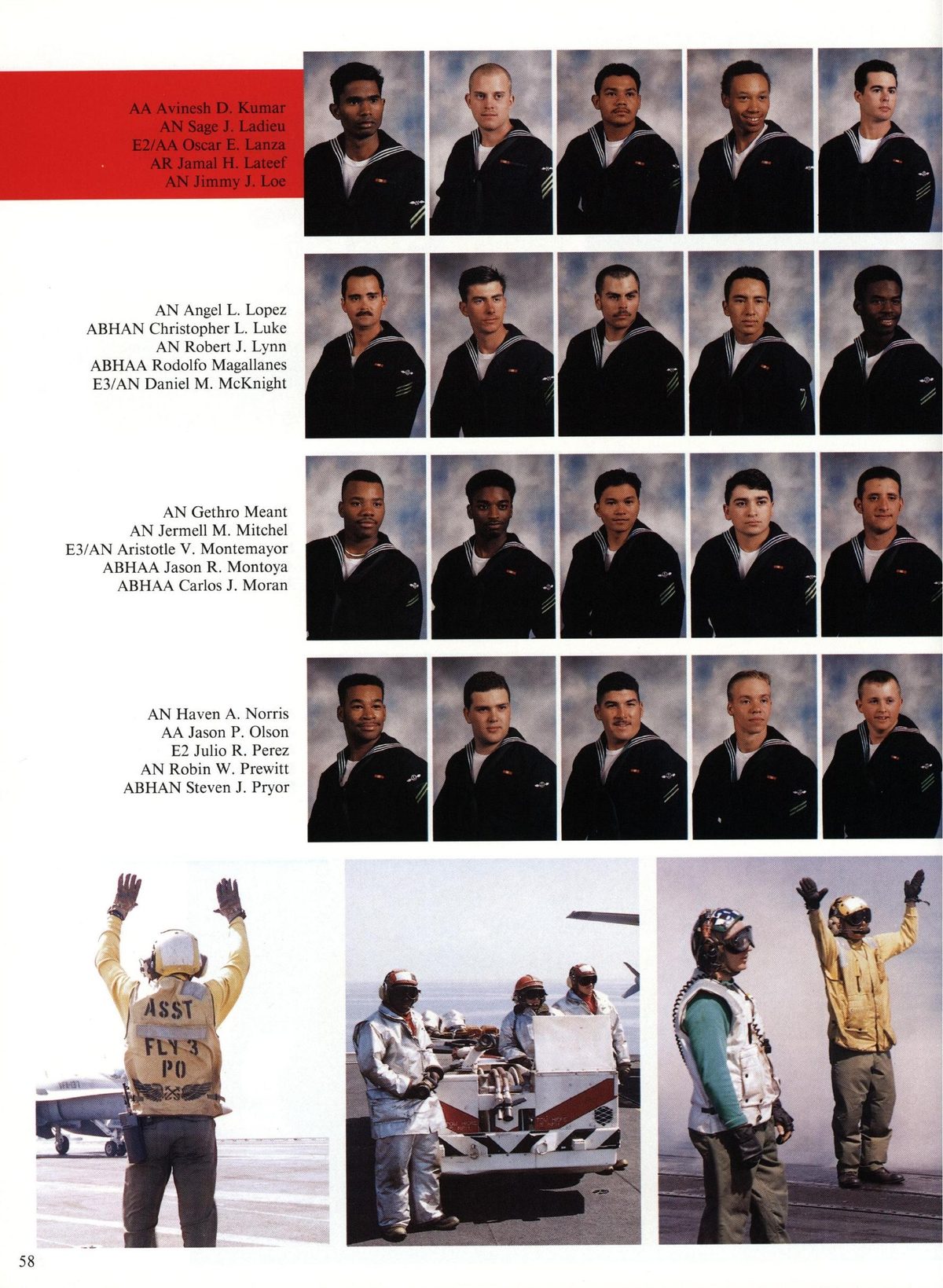 USS Constellation 1994–95 cruise book, page 56 (Ship's Company) — AA Avinesh D. Kumar AN Sage J. Ladieu E2/AA Oscar E. Lanza AR Jamal H. Lateef AN Jimmy J. Loe…