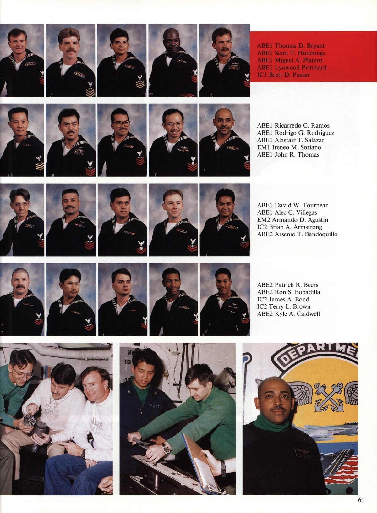 USS Constellation 1994–95 cruise book, page 59 (Ship's Company) — ABEI Thomas D. Bryant ABE| Scott T. Hutchings ABEI Miguel A. Platero ABE] Lynwood Pritchard…
