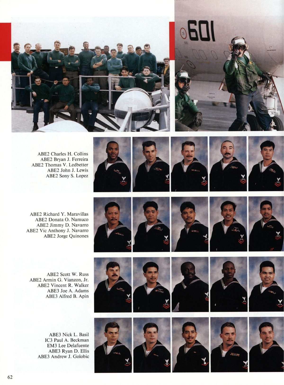 USS Constellation 1994–95 cruise book, page 60 (Ship's Company) — 62 ABE2 Charles H. Collins ABE2 Bryan J. Ferreira ABE2 Thomas V. Ledbetter ABE2 John J. Lewis…
