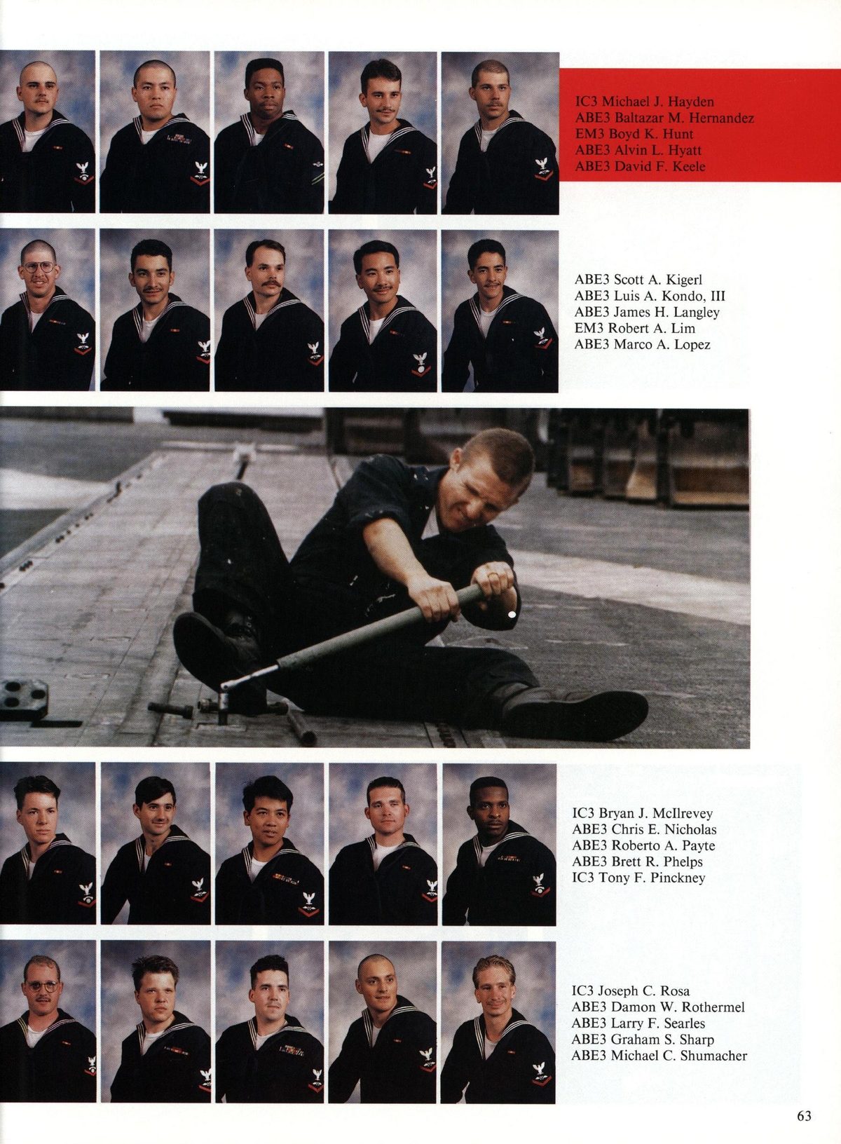 USS Constellation 1994–95 cruise book, page 61 (Ship's Company) — ABE3 Scott A. Kigerl ABE3 Luis A. Kondo, III ABE3 James H. Langley EM3 Robert A. Lim ABE3…