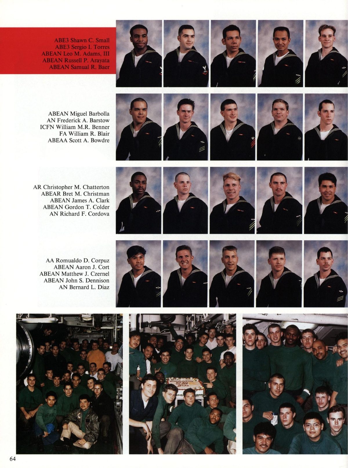 USS Constellation 1994–95 cruise book, page 62 (Ship's Company) — ABEAN Miguel Barbolla AN Frederick A. Barstow ICFN William M.R. Benner FA William R. Blair…
