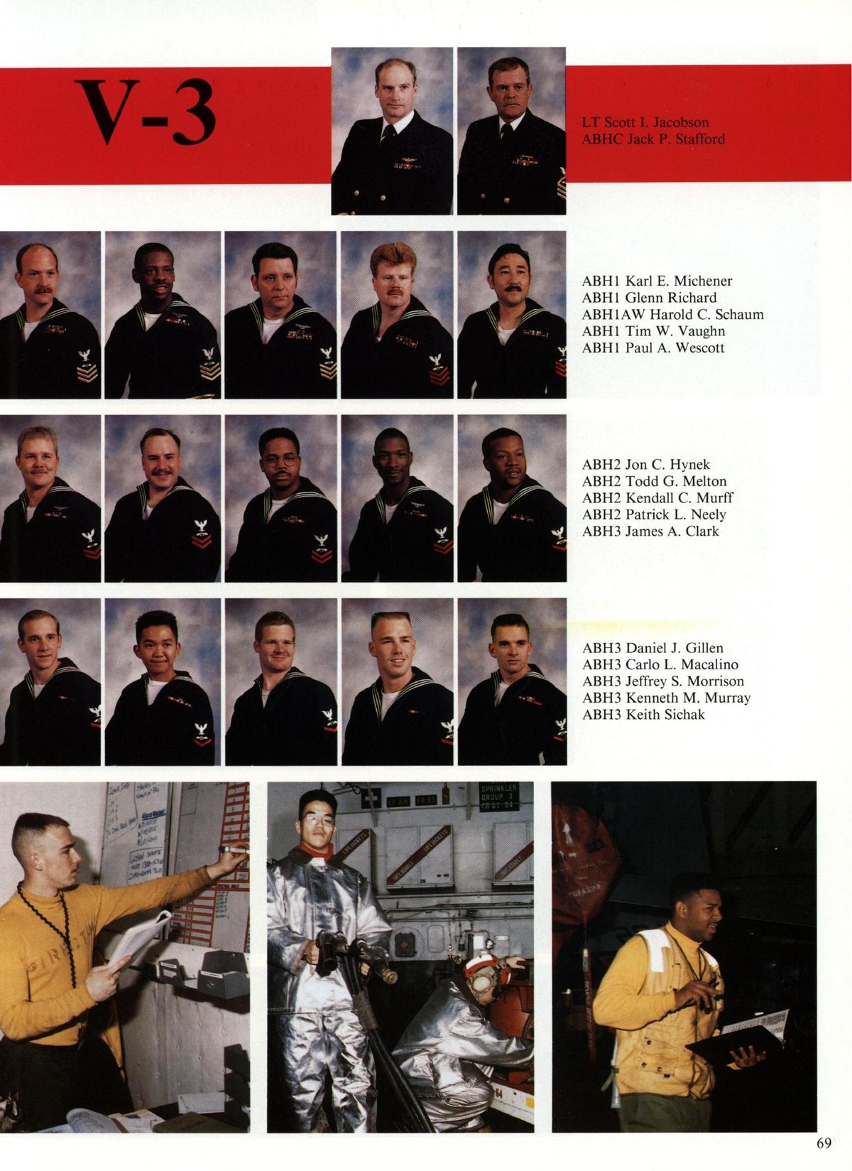 USS Constellation 1994–95 cruise book, page 67 (Ship's Company) — ABHI Karl E. Michener ABHI1AW Harold C. Schaum ABH1 Tim W. Vaughn ABHI Paul / ABH? Jon C…