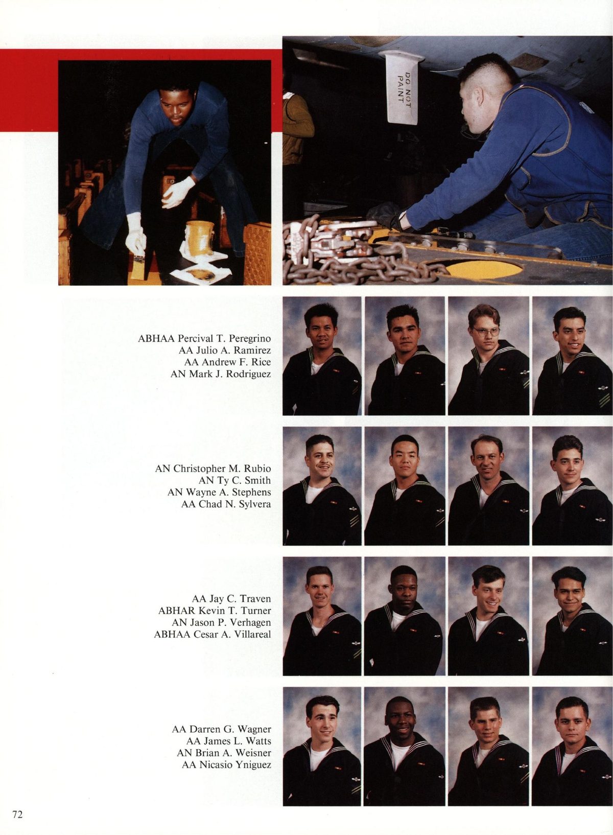 USS Constellation 1994–95 cruise book, page 70 (Ship's Company) — 72 ABHAA Percival T. Peregrino AA Julio A. Ramirez AA Andrew F. Rice AN Mark J. Rodriguez AN…