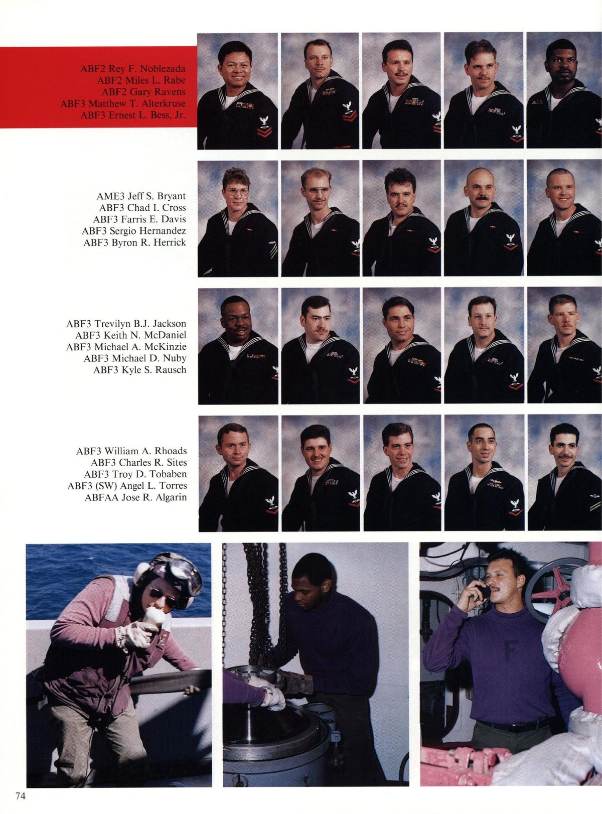 USS Constellation 1994–95 cruise book, page 72 (Ship's Company) — ABF2 Rey F. Noblezada ABF2 Miles L. Rabe ABF2 Gary Ravens ABF3 Matthew T. Alterkruse ABF3…