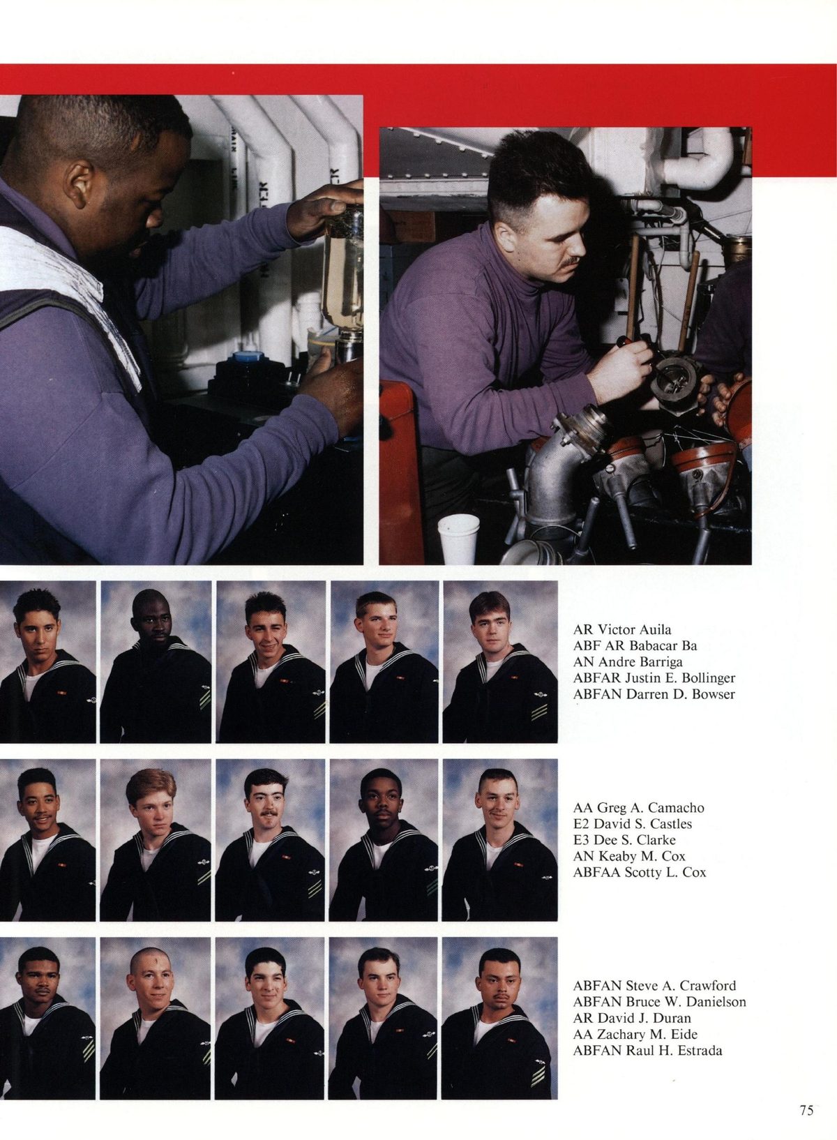 USS Constellation 1994–95 cruise book, page 73 (Ship's Company) — AN Andre Bai ABFAR Justin E. Bollinger ABFAN Darren D. Bowser g A. Camacho E2 David S. Castles…