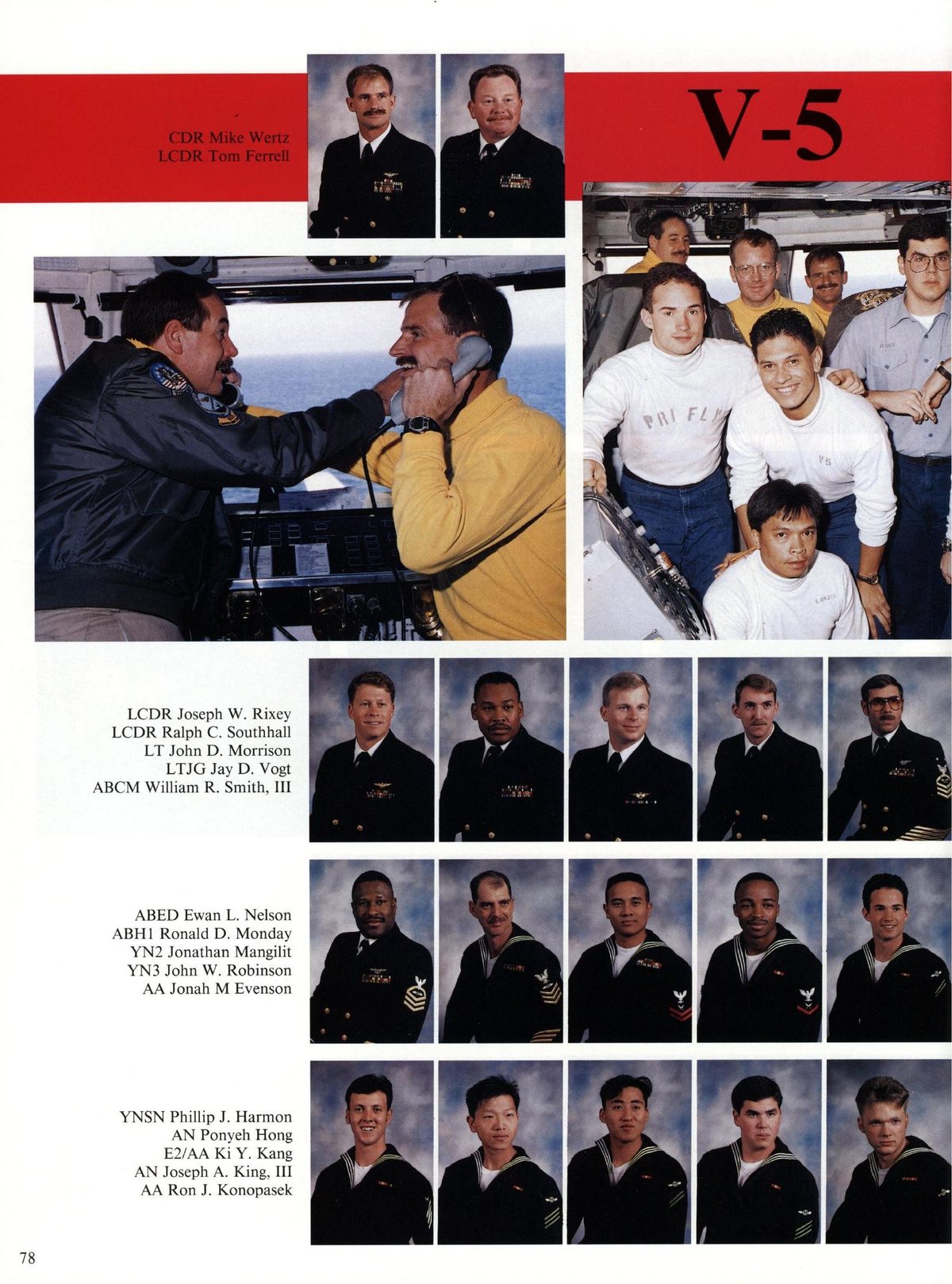USS Constellation 1994–95 cruise book, page 76 (Ship's Company) — LCDR Joseph W. R LCDR Ralph C. Southha 1 ABED Ewan L. Nelson ABHI Ronald D. Monday YN2…