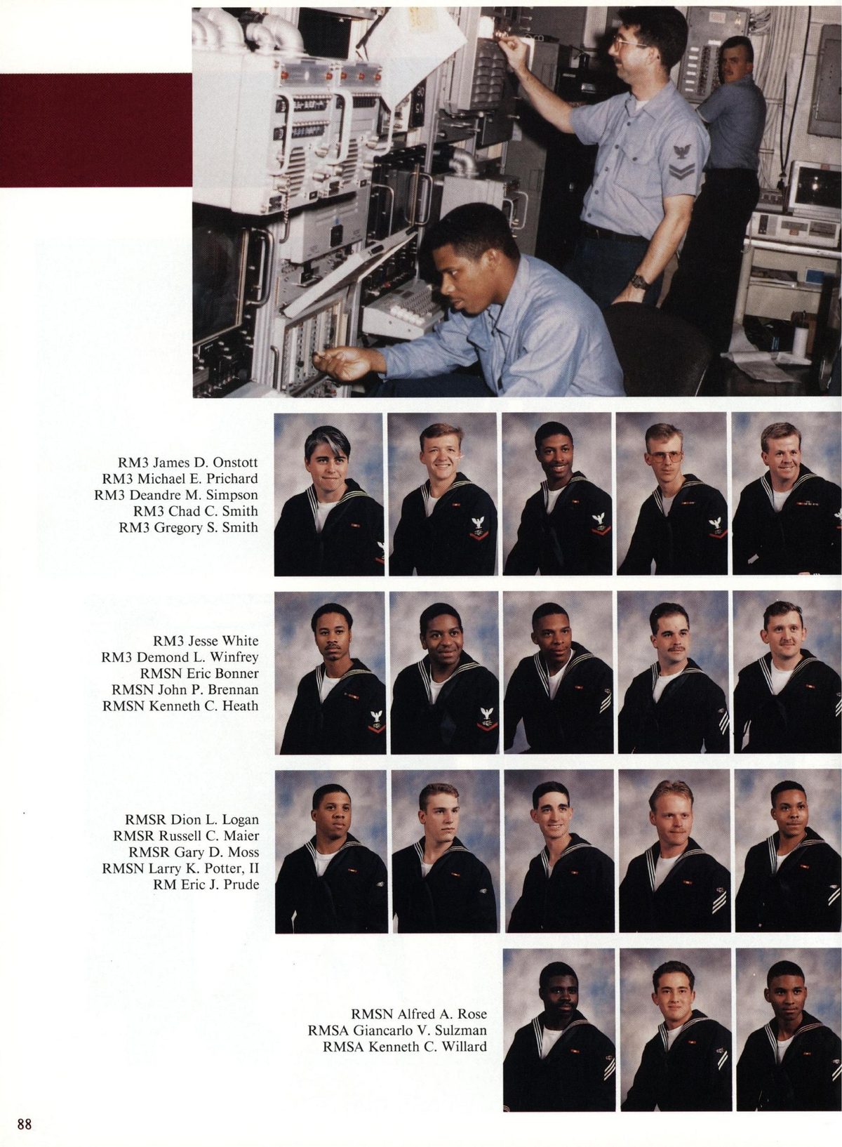 USS Constellation 1994–95 cruise book, page 84 (Ship's Company) — RM3 James D. Onstott RM3 Michael E. Prichard RM3 Deandre M. Simpson RM3 Chad C. Smith RM3…