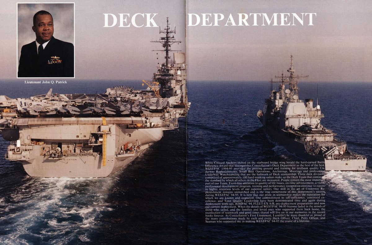 USS Constellation 1994–95 cruise book, page 86 (Ship's Company) — White Crossed Anchors etched on the starboard bridge wing herald the hard-earned Battl…