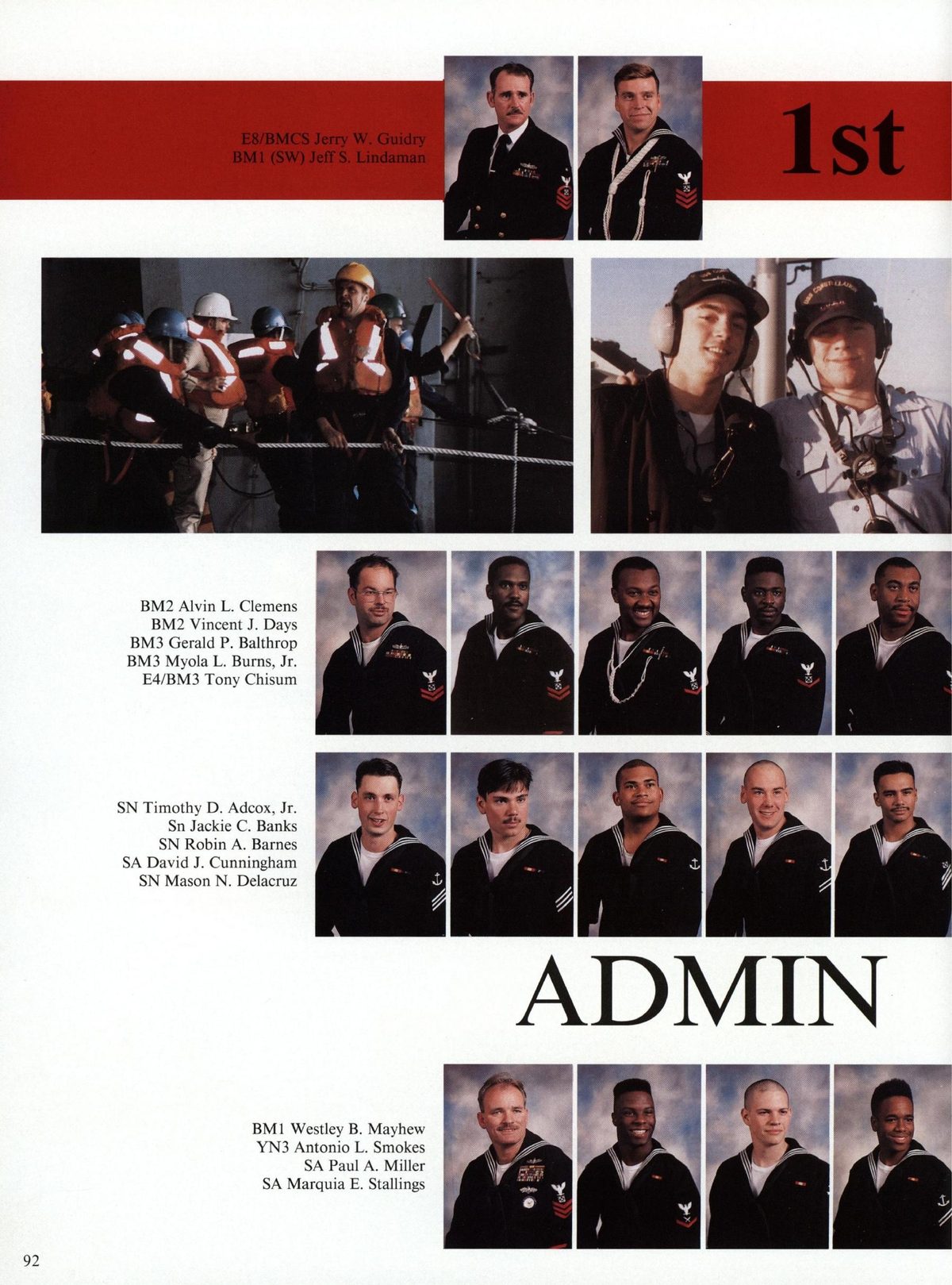 USS Constellation 1994–95 cruise book, page 87 (Ship's Company) — BM2 Alvin L. Clemens BM2 Vincent J. Days BM3 Gerald P. Balthrop BM3 Myola L. Burns, Jr. E4/BM3…