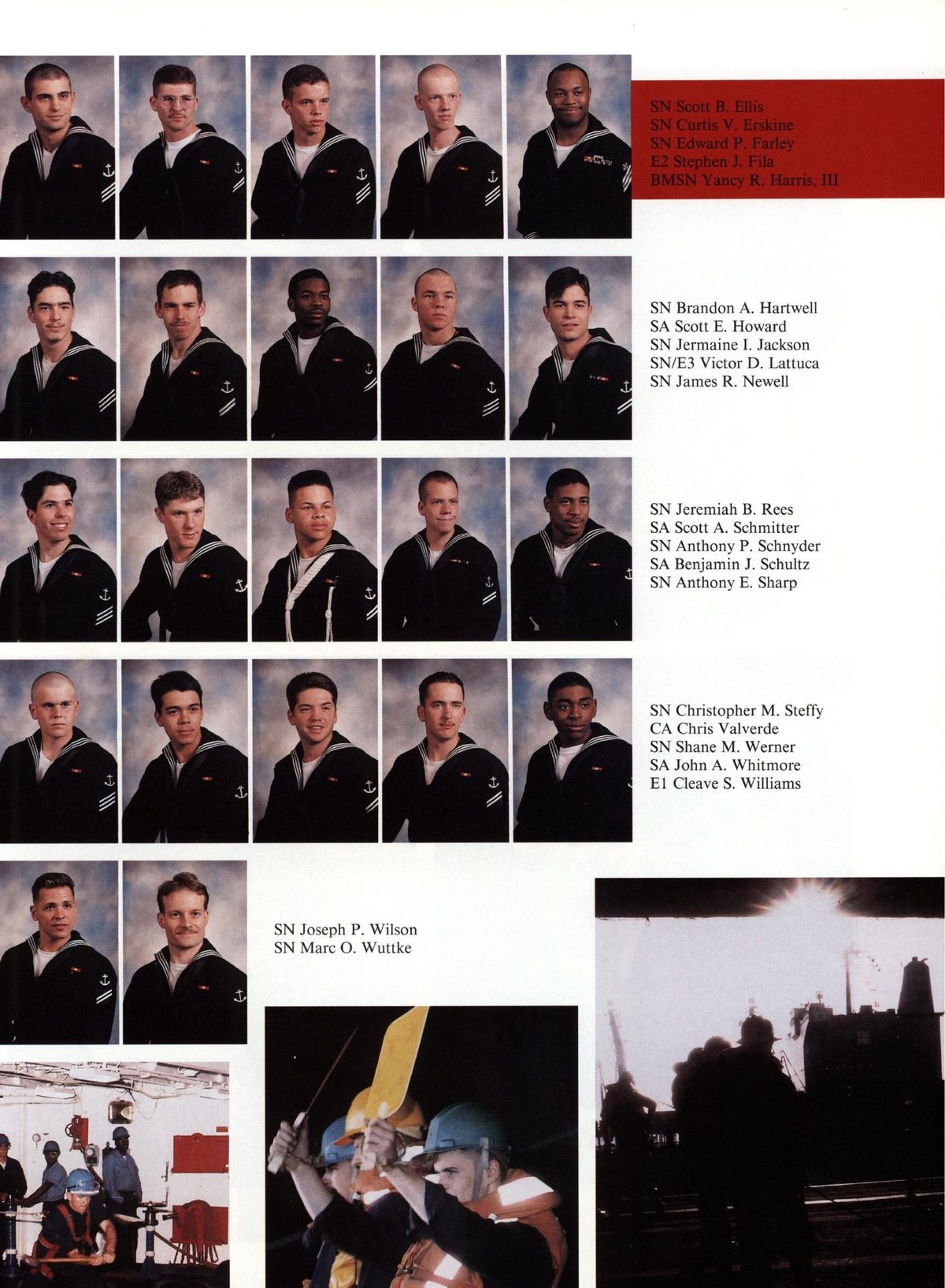 USS Constellation 1994–95 cruise book, page 88 (Ship's Company) — SN Scott B. Ellis | SN Curtis V. Erskine SN Edward P. Farley | E2 Stephen J. Fila BMSN Yancy…