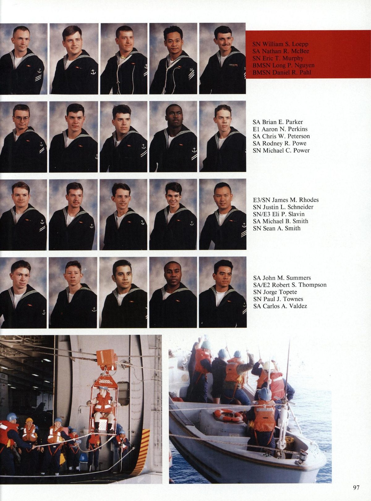 USS Constellation 1994–95 cruise book, page 92 (Ship's Company) — SN William S. Loepp SA Nathan R. McBee SN Eric T. Murphy BMSN Long P. Nguyen BMSN Daniel R…