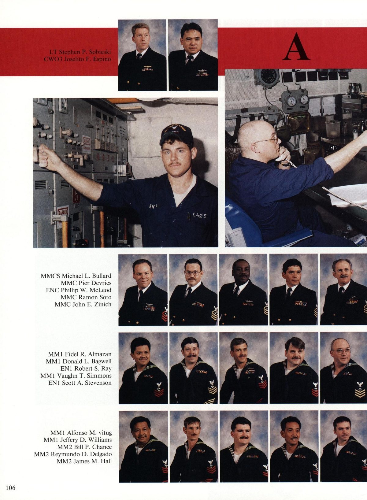 USS Constellation 1994–95 cruise book, page 99 (Ship's Company) — ENC Phillip W. McLeod MMC Ramon Soto MMC John E. Zinich MMI Fidel R. Almazan MMI Donald L…