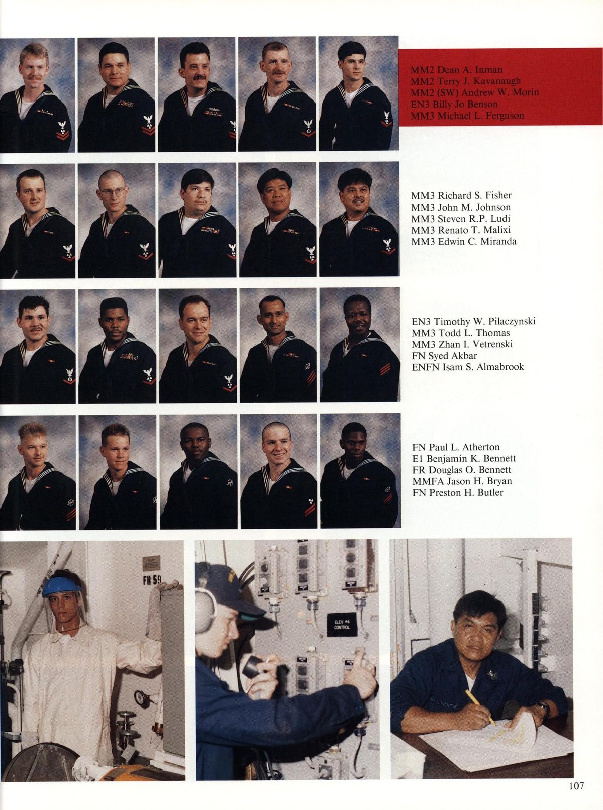 USS Constellation 1994–95 cruise book, page 100 (Ship's Company) — MM2 Dean A. Inman MM? Terry J. Kavanaugh MM2 (SW) Andrew W. Morin EN3 Billy Jo Benson MM3…