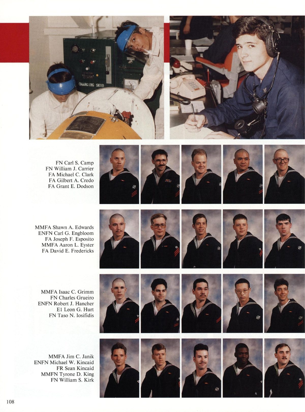 USS Constellation 1994–95 cruise book, page 101 (Ship's Company) — FN Carl S. Camp FN William J. Carrier FA Michael C. Clark FA Gilbert A. Credo FA Grant E…