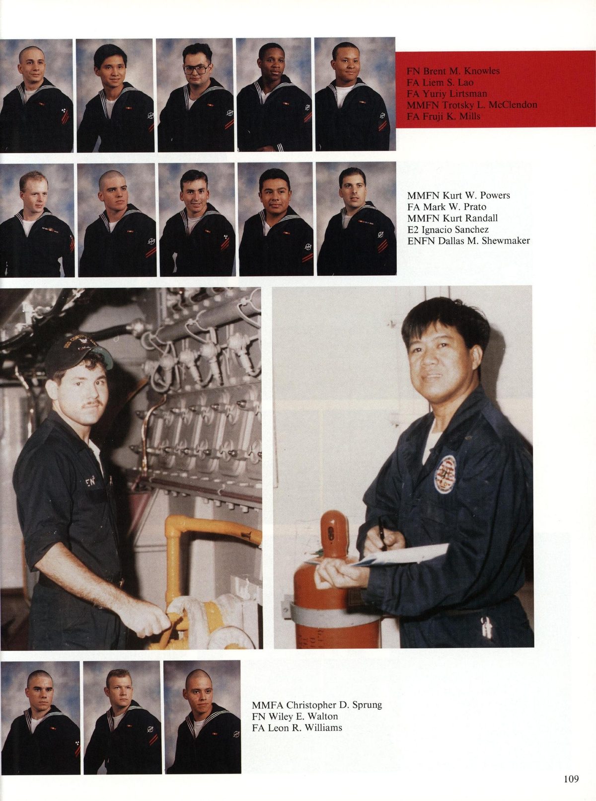 USS Constellation 1994–95 cruise book, page 102 (Ship's Company) — EN Brent M. Knowles FA Liem S. Lao FA Yuriy Lirtsman MMEN Trotsky L. McClendon FA Fruji K…
