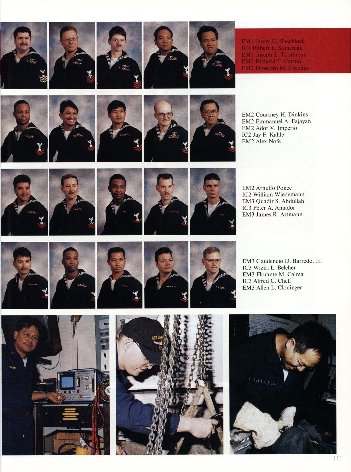 USS Constellation 1994–95 cruise book, page 104 (Ship's Company) — M2 Courtney H. Dinkins M2 Emmanuel A. Fajayan . Imperio M2 Arnulfo Ponce m Wiedemann Abdullah…