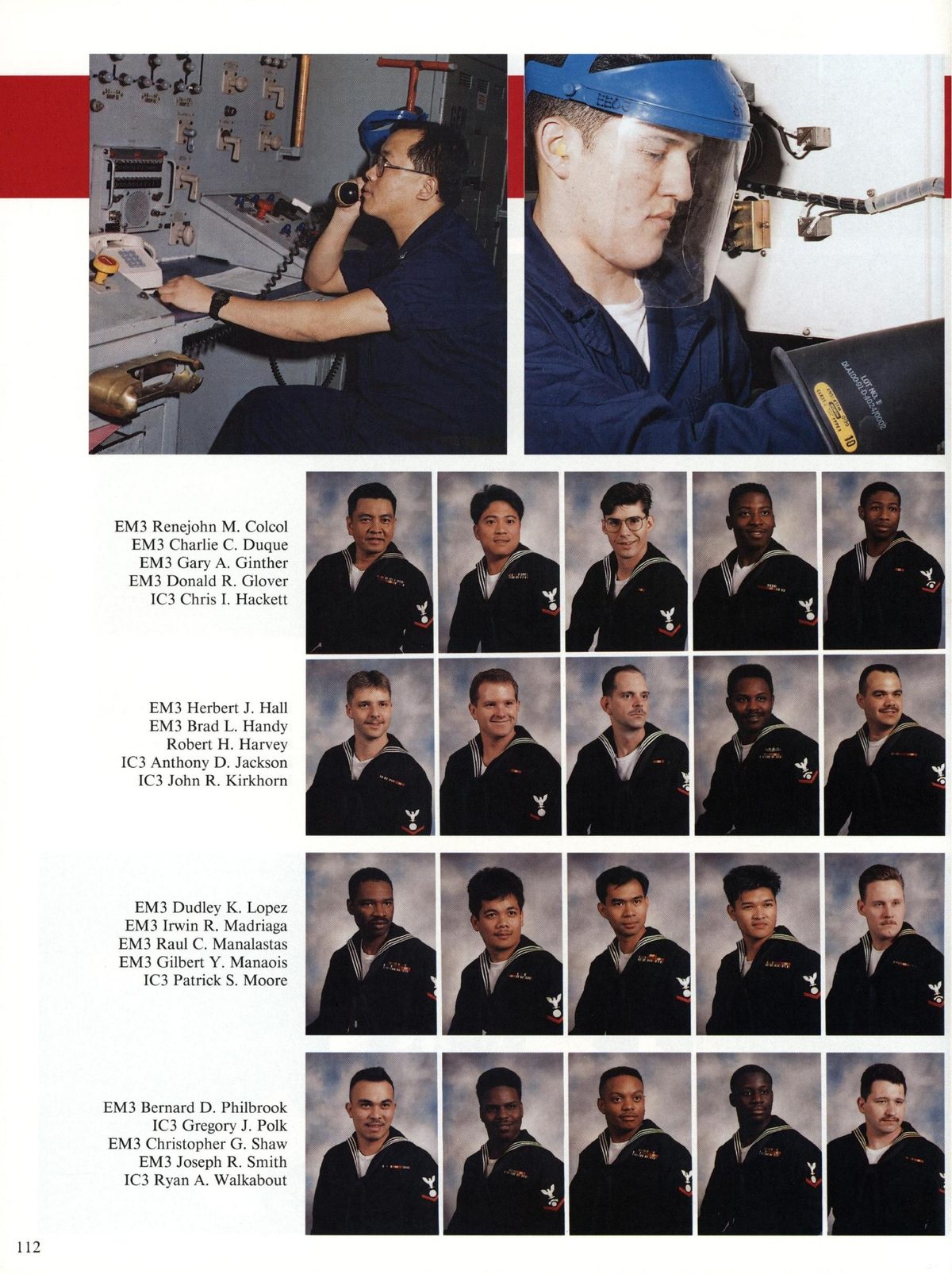 USS Constellation 1994–95 cruise book, page 105 (Ship's Company) — EM3 Renejohn M. Colcol EM3 Charlie C. EM3 C EM3 Donald R. Glover 1C3 Chris I. Hackett EM3…