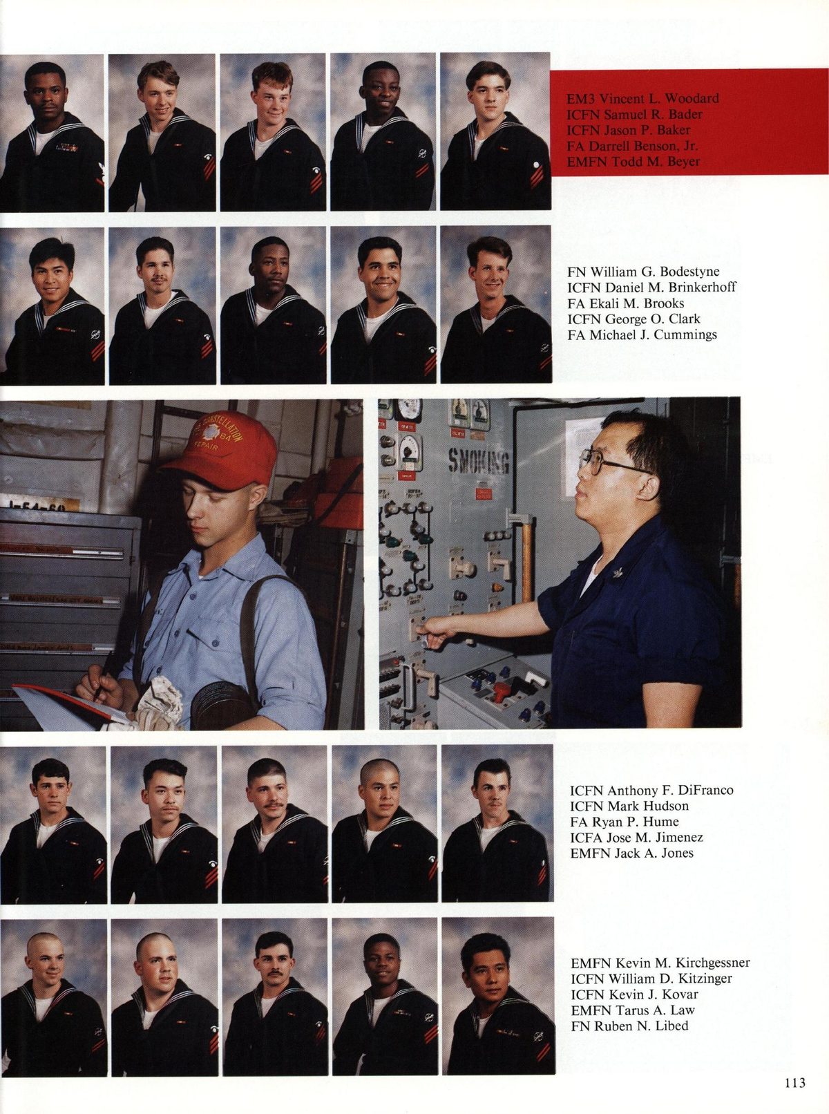 USS Constellation 1994–95 cruise book, page 106 (Ship's Company) — FN William G. Bodestyne ICFN Daniel M. Brinkerhoff FA Ekali M. Brooks ICFN orge O. Clark FA…