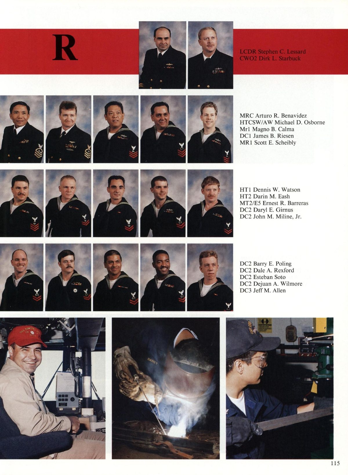 USS Constellation 1994–95 cruise book, page 108 (Ship's Company) — LCDR Stephen C. Lessard CWO? Dirk L. Starbuck MRC Arturo R. Benavidez HTCSW/AW Michael D…