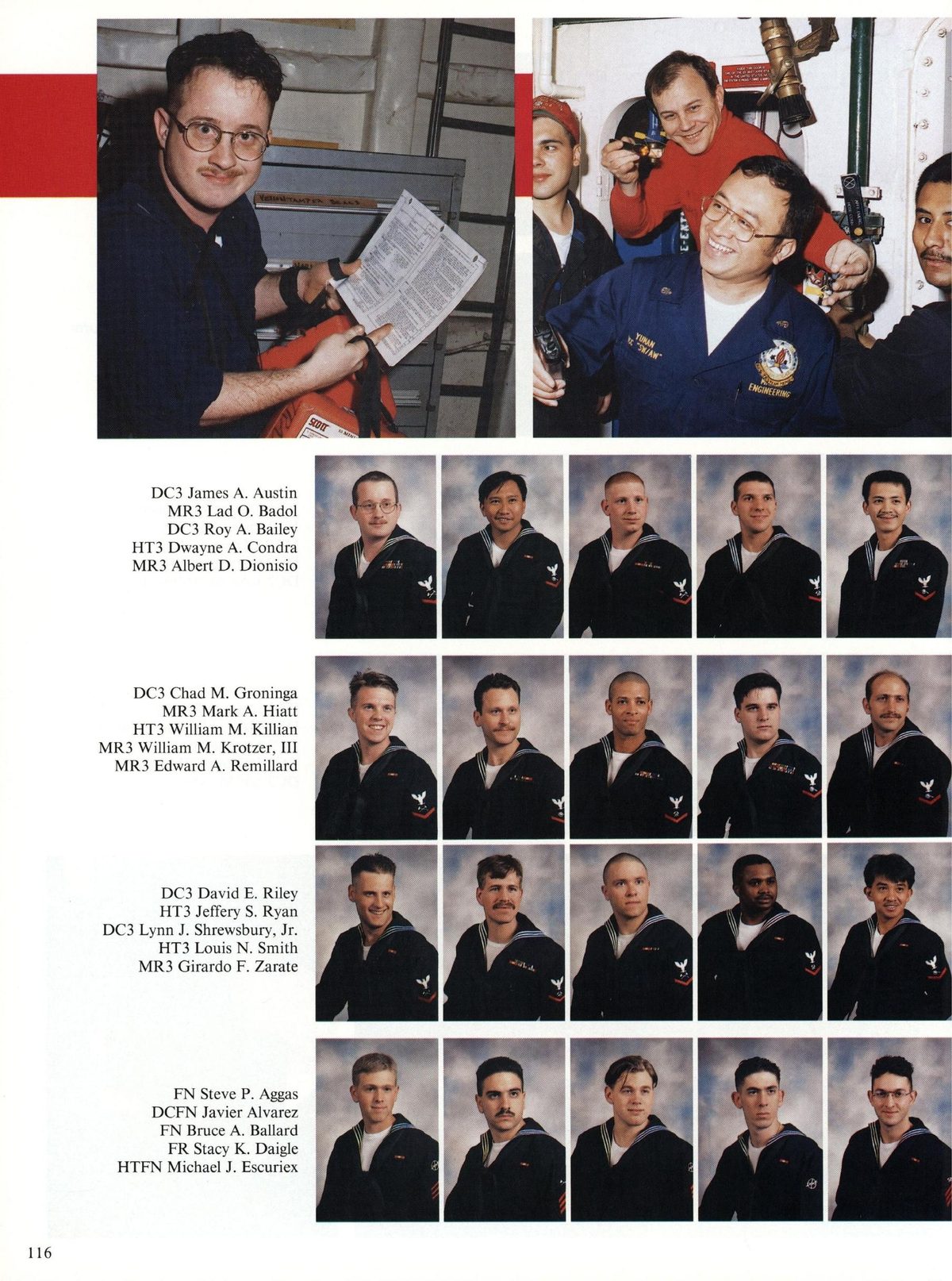 USS Constellation 1994–95 cruise book, page 109 (Ship's Company) — @ Women, DC3 James A. Austin MR3 Lad O. Badol DC3 Roy A. Bailey HT3 Dwayne A. Condra MR3…