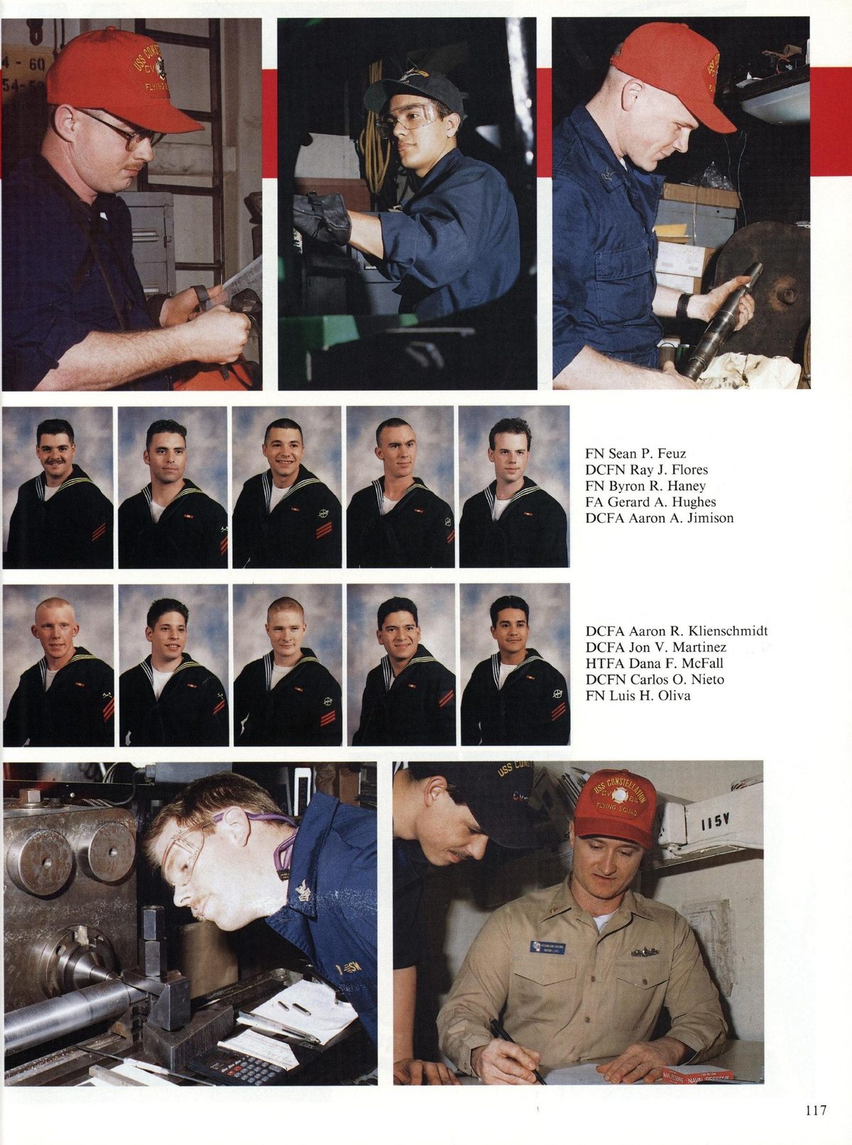 USS Constellation 1994–95 cruise book, page 110 (Ship's Company) — FN Sean P. Feuz DCEN Ray J. Flores FN Byron R. Haney FA Gerar Hughes DCFA Aaron A. Jimison…