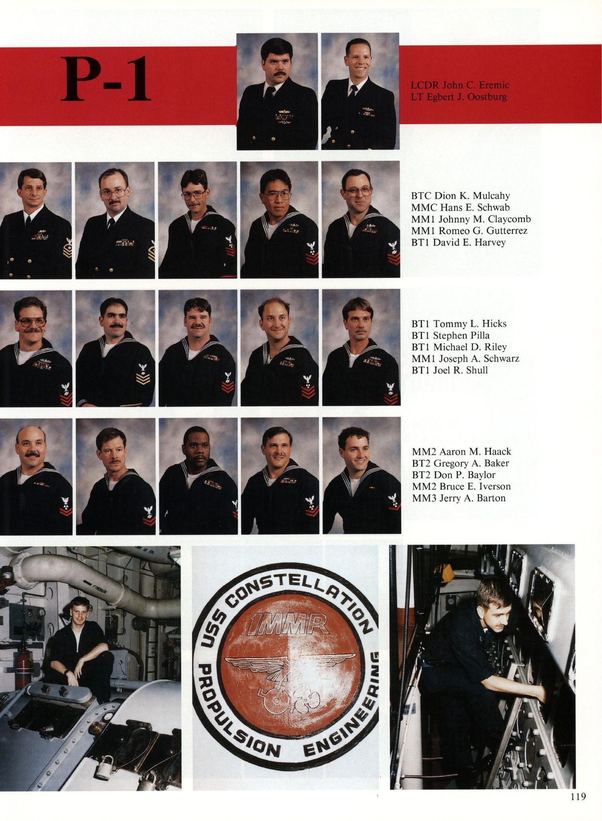 USS Constellation 1994–95 cruise book, page 112 (Ship's Company) — LCDR John C. Eremic LT Egbert J. Oostburg BTC Dion K. Mulcahy MMC Hans E. Schwab MM1 Johnny M…