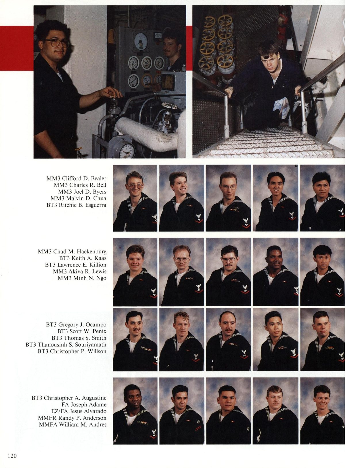 USS Constellation 1994–95 cruise book, page 113 (Ship's Company) — MM3 Clifford D. Bealer MMB Charles R. Bell MN3 Joel D. Byers MM3 Malvin D. Chua BT3 Ritchie B…