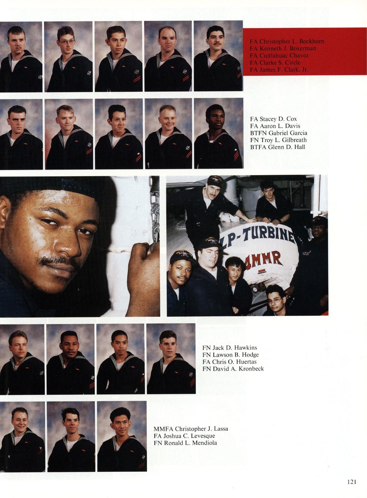 USS Constellation 1994–95 cruise book, page 114 (Ship's Company) — FA Christopher L. Bockhorn FA Kenneth J. Boxerman FA Cuitlahuac Chavez FA Clarke S, Circle FA…