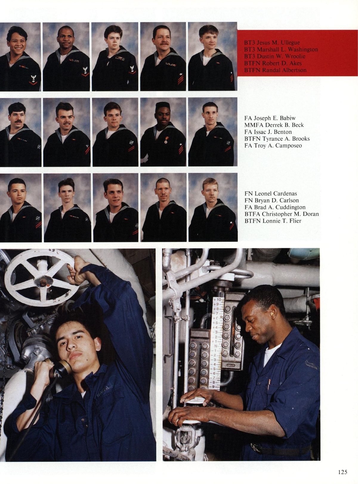 USS Constellation 1994–95 cruise book, page 118 (Ship's Company) — FA Joseph E. Babiw MMFA Di B. Beck FA Issac J. Benton BTFN Tyrance A. Brooks FA Troy A…