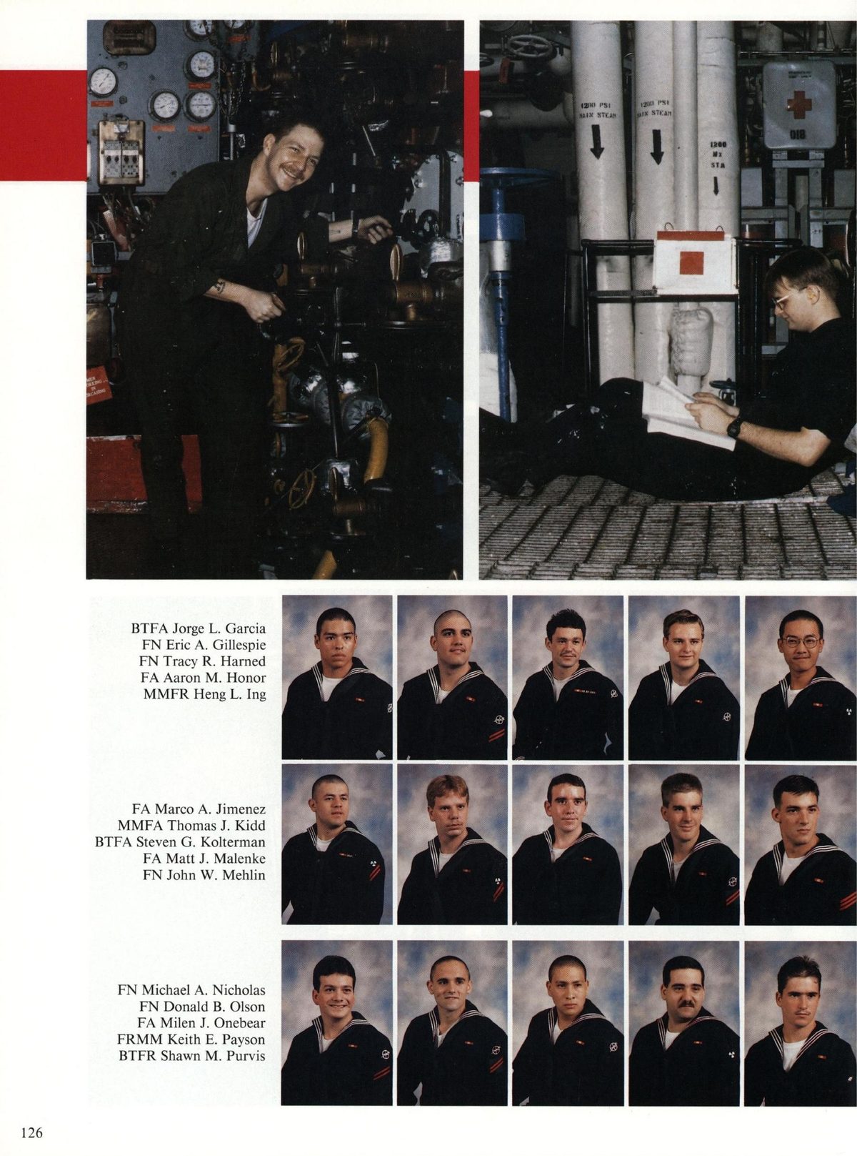 USS Constellation 1994–95 cruise book, page 119 (Ship's Company) — BTFA Jorge L. Garcia EN Eric A. Gillespie FN Tracy R. Harned FA Aaron M. Honor MMER Heng L…