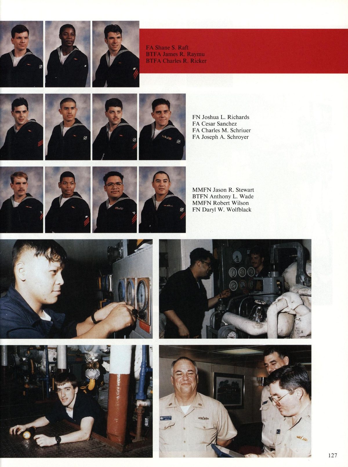 USS Constellation 1994–95 cruise book, page 120 (Ship's Company) — FA Shane S. Raft BTFA James R. Raymu BTFA Charles R. Ricker FN Joshua L. Richards FA Cesar…