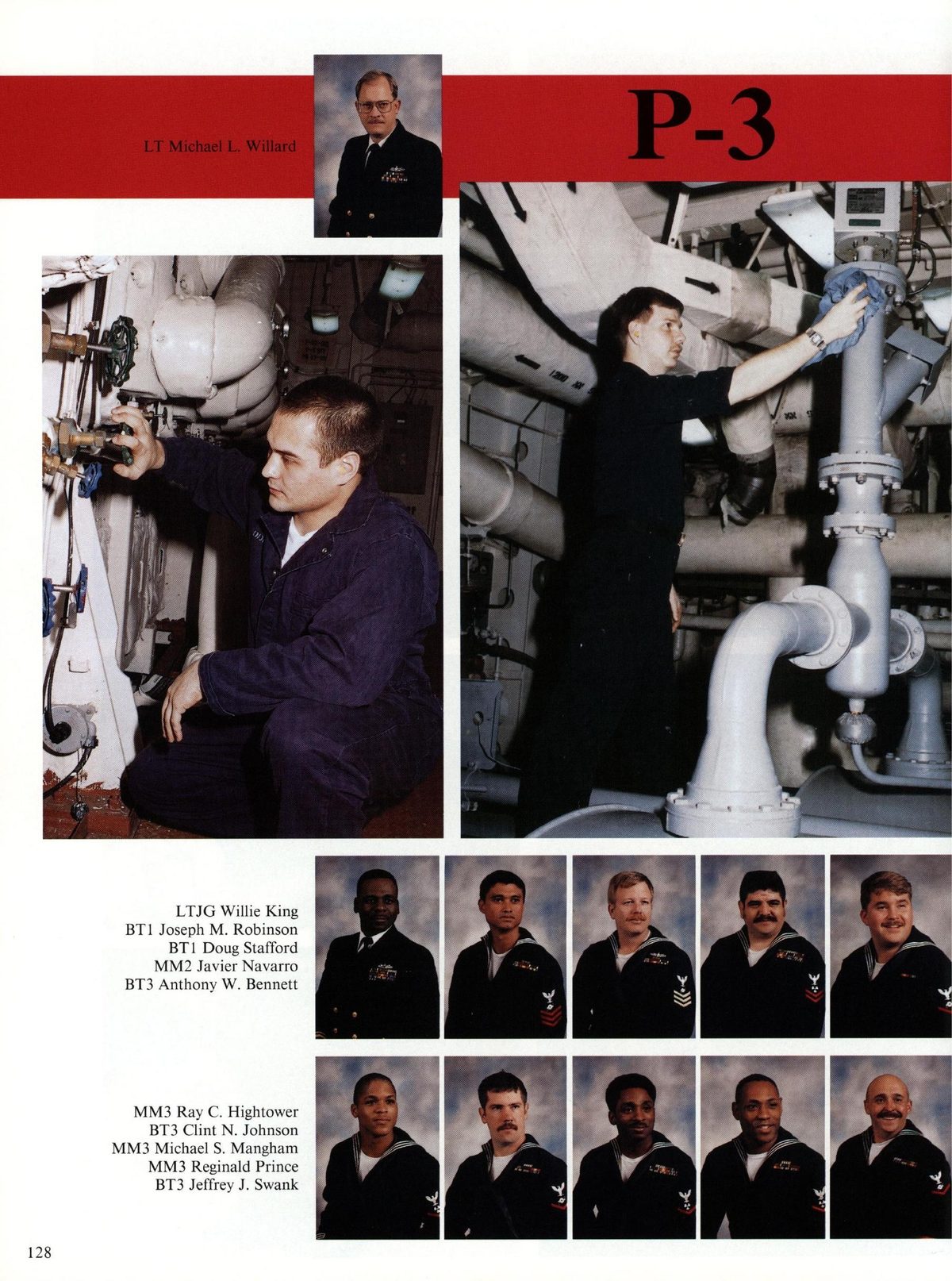 USS Constellation 1994–95 cruise book, page 121 (Ship's Company) — LTJG Willie King Joseph M. Robinson MM2 Javier BT3 Anthony W. Bennett MM3 Ray C. Hightower BT3…