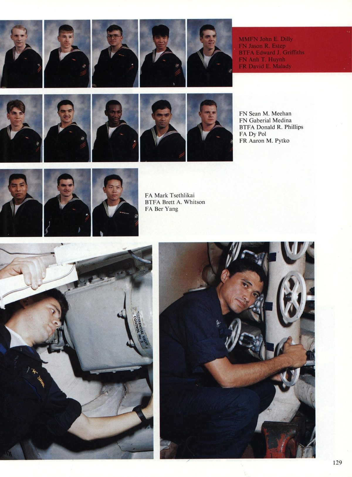 USS Constellation 1994–95 cruise book, page 122 (Ship's Company) — FN Sean M. Meehan FN Gaberial Medina BTFA Donald R. Phillips FA Dy Pol FR Aaron M. Pytko…