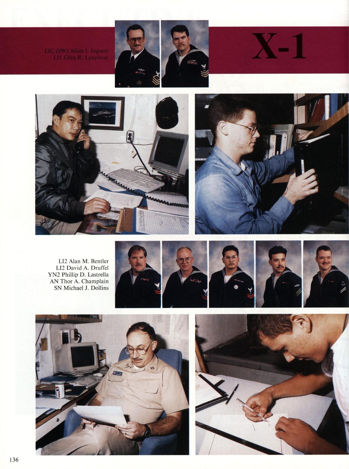 USS Constellation 1994–95 cruise book, page 128 (Ship's Company) — LI2 Alan M. Bentler LI2 David A. Druffel YN2 Phillip D. Lastrella AN Thor A. Champlain SN…