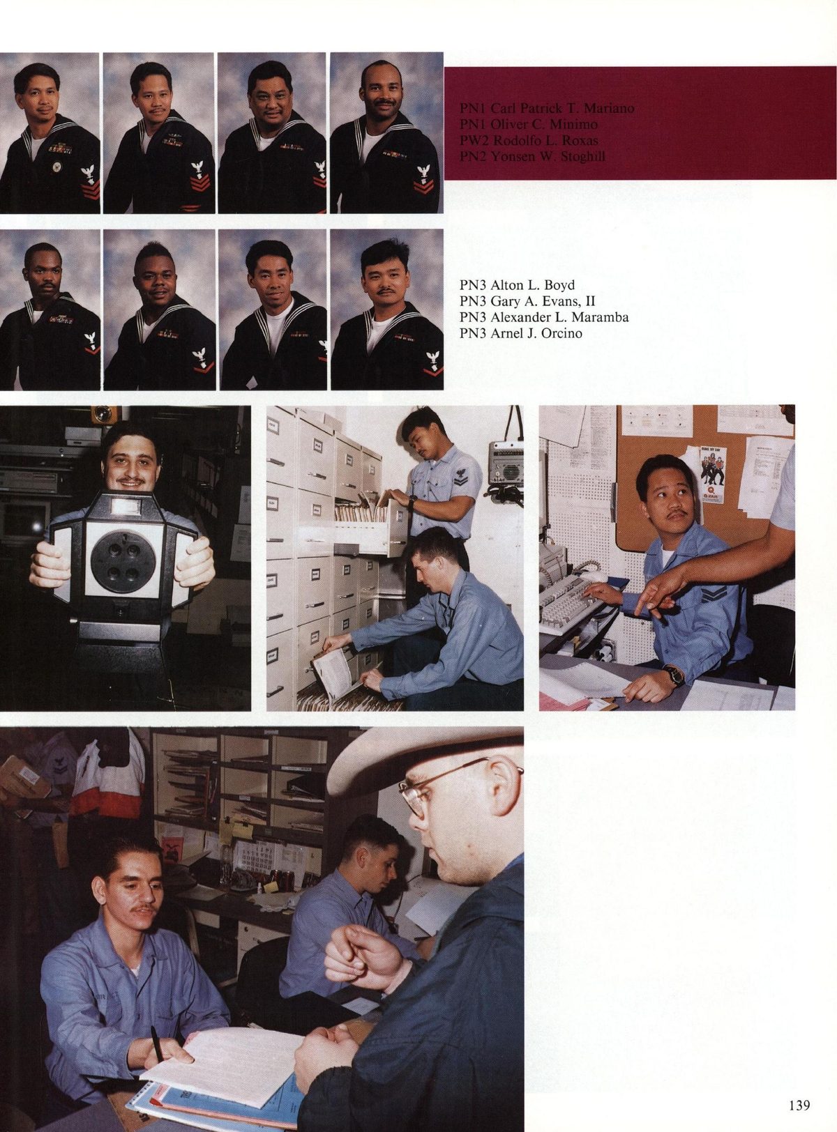 USS Constellation 1994–95 cruise book, page 131 (Ship's Company) — PN3 Alton L. Boyd PN3 A. Evans, II PN3 ander L. Maramba PN3 Arnel J. Orcino…