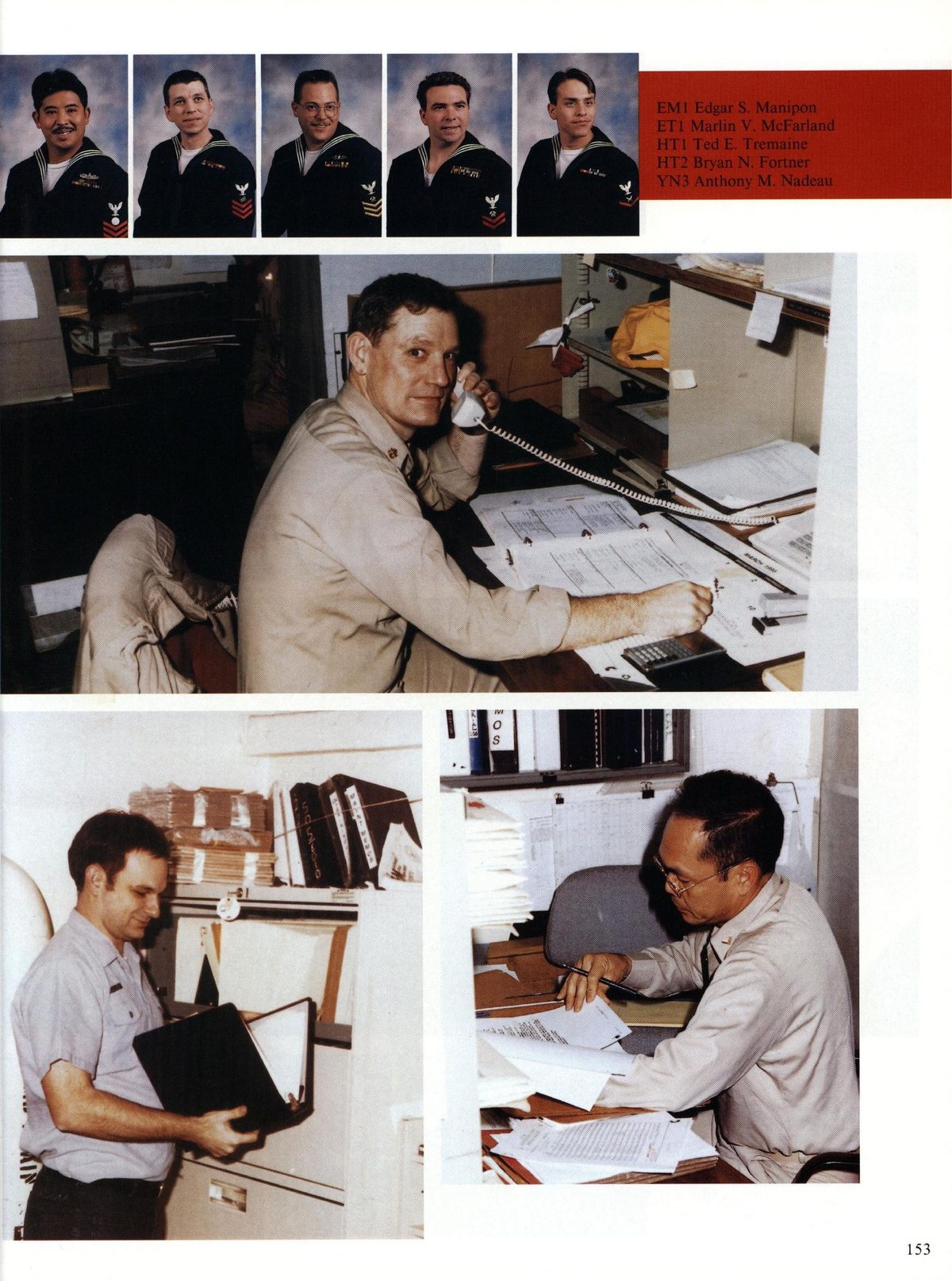 USS Constellation 1994–95 cruise book, page 143 (Ship's Company) — EMI Edgar S. Manipon ET1 Marlin V. McFarland HT!I Ted E. Tremaine HT? Bryan N. Fortner YN3…
