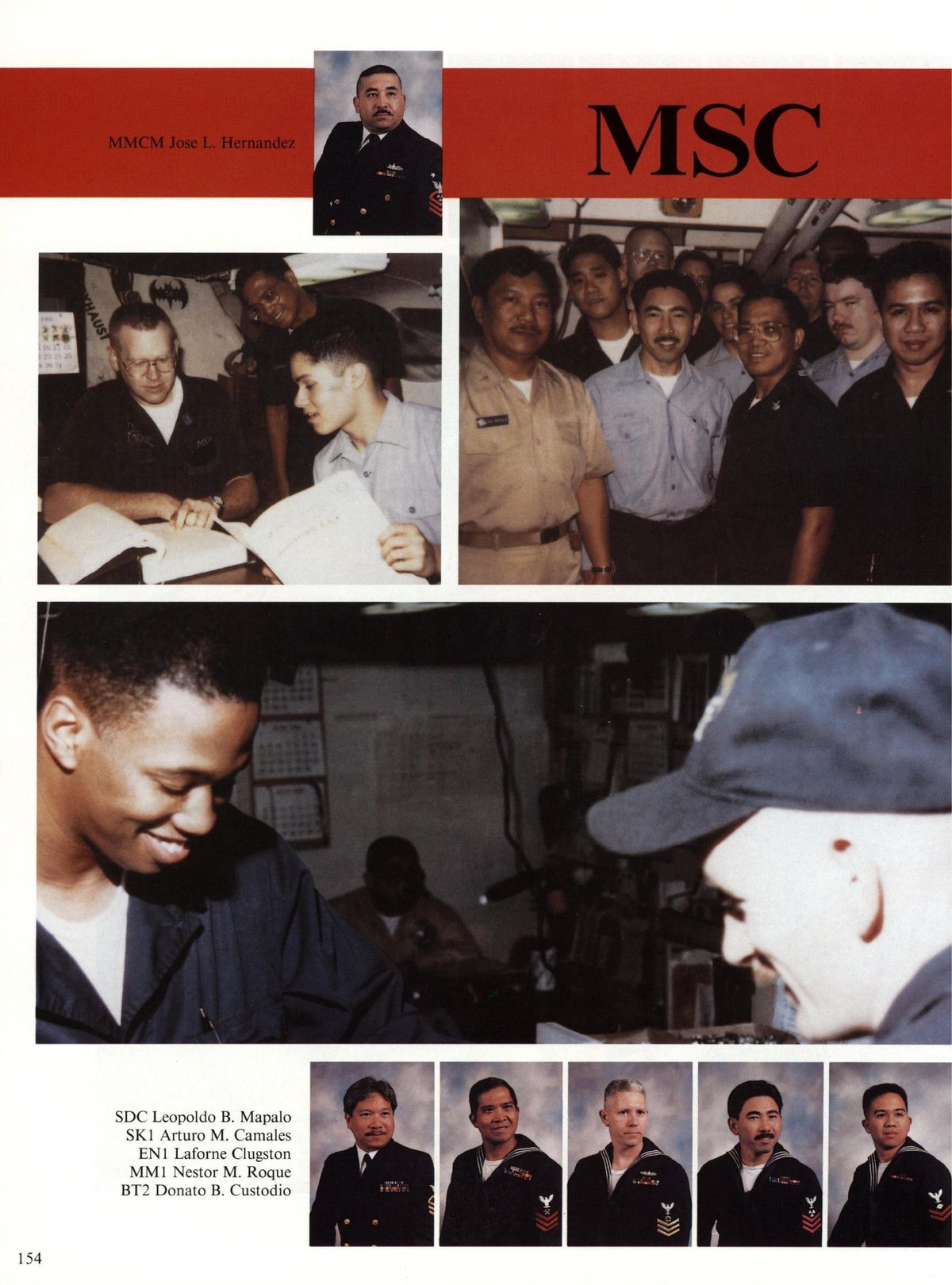 USS Constellation 1994–95 cruise book, page 144 (Ship's Company) — SDC Leopoldo B. Mapalo SK1 Arturo M. Camales MMI Nestor M. Roque BT2 Donato B. Custodio…