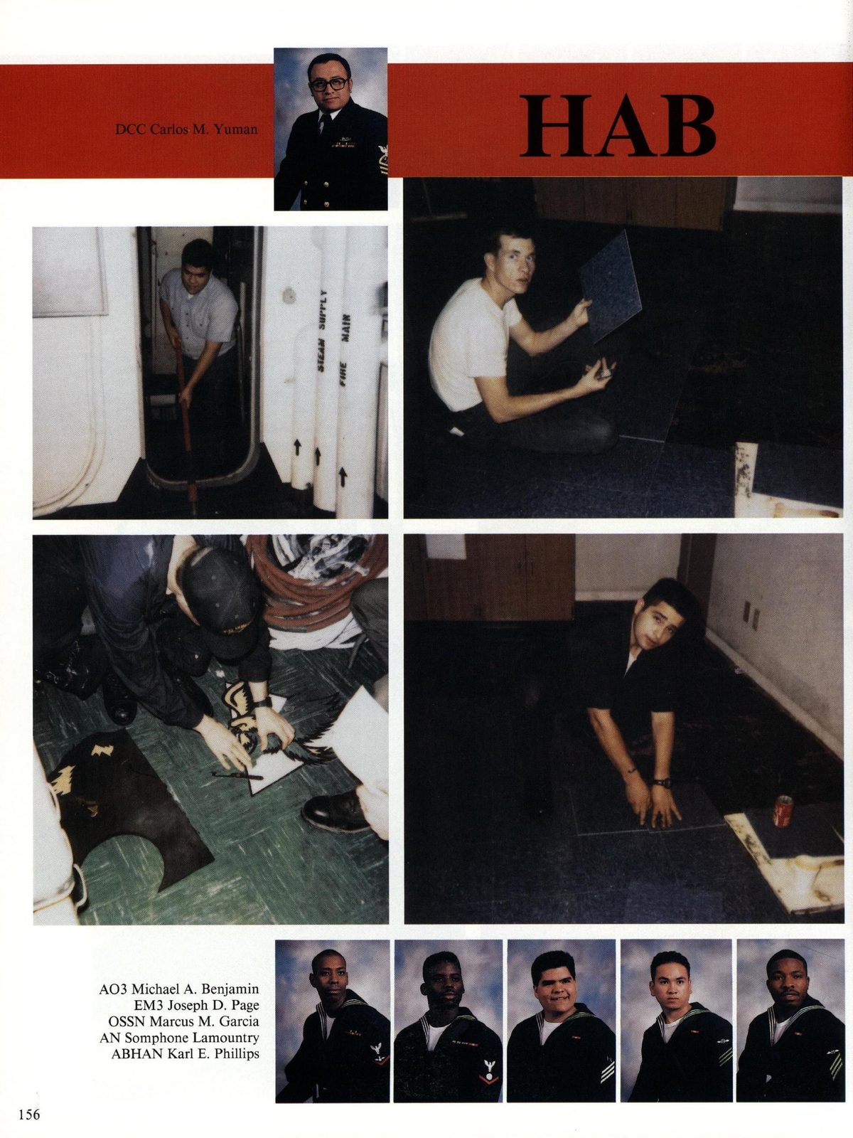 USS Constellation 1994–95 cruise book, page 146 (Ship's Company) — AO3 Michael A. Benjamin EM3 Joseph D. Page OSSN Marcus M. Garcia AN Somphone Lamountry ABHAN…