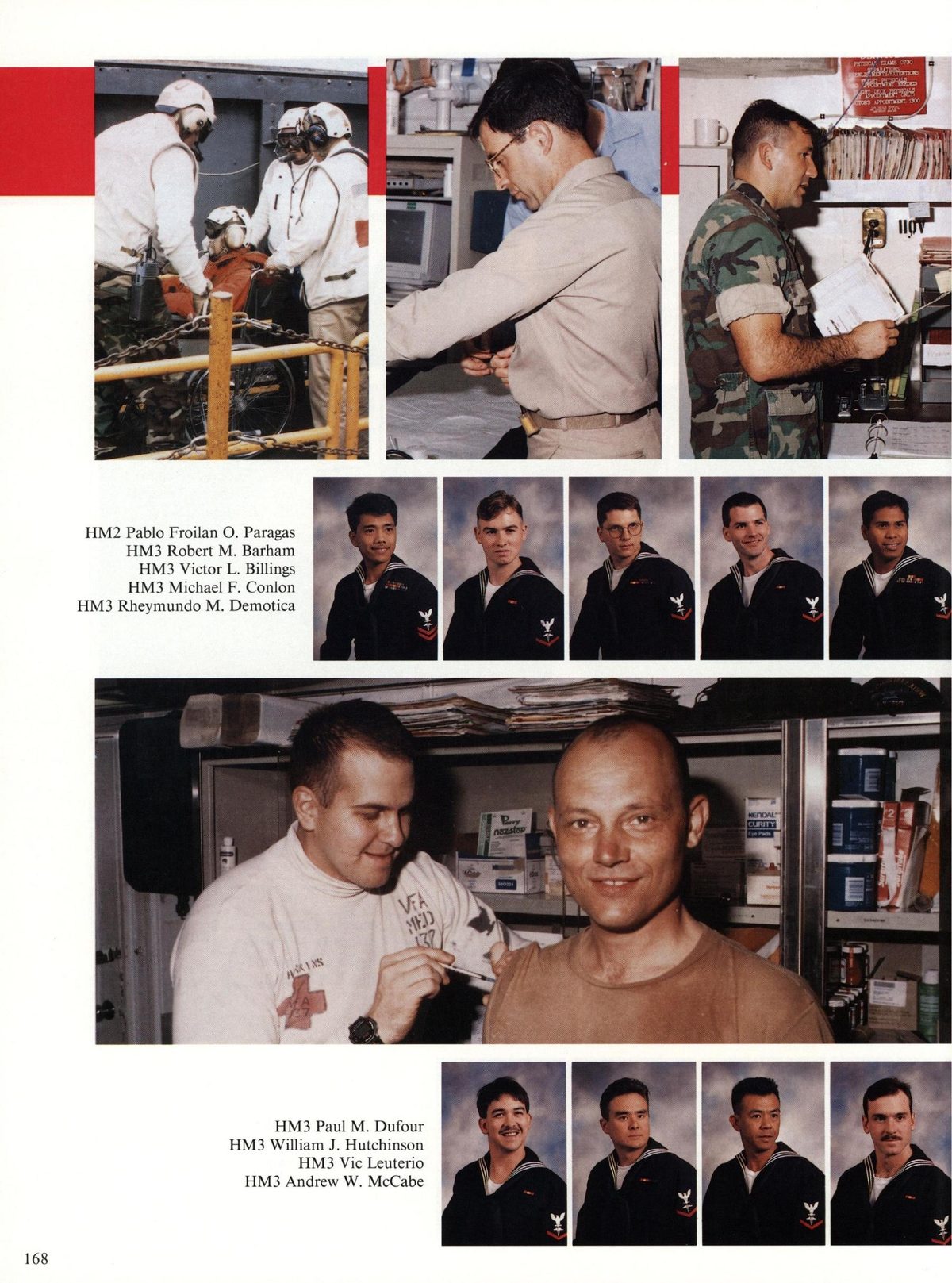 USS Constellation 1994–95 cruise book, page 156 (Ship's Company) — HM2 Pablo Froilan O. Paragas HM3 Robert M. Barham HM3 Victor L. Billings HM3 Michael F. Conlon…