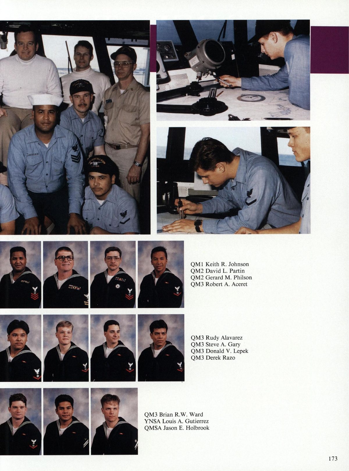 USS Constellation 1994–95 cruise book, page 160 (Ship's Company) — QMI Keith R. Johnson QM2 David L. Partin QM? Gerard M. Philson QM3 Robert A. Aceret QM3 Rudy…